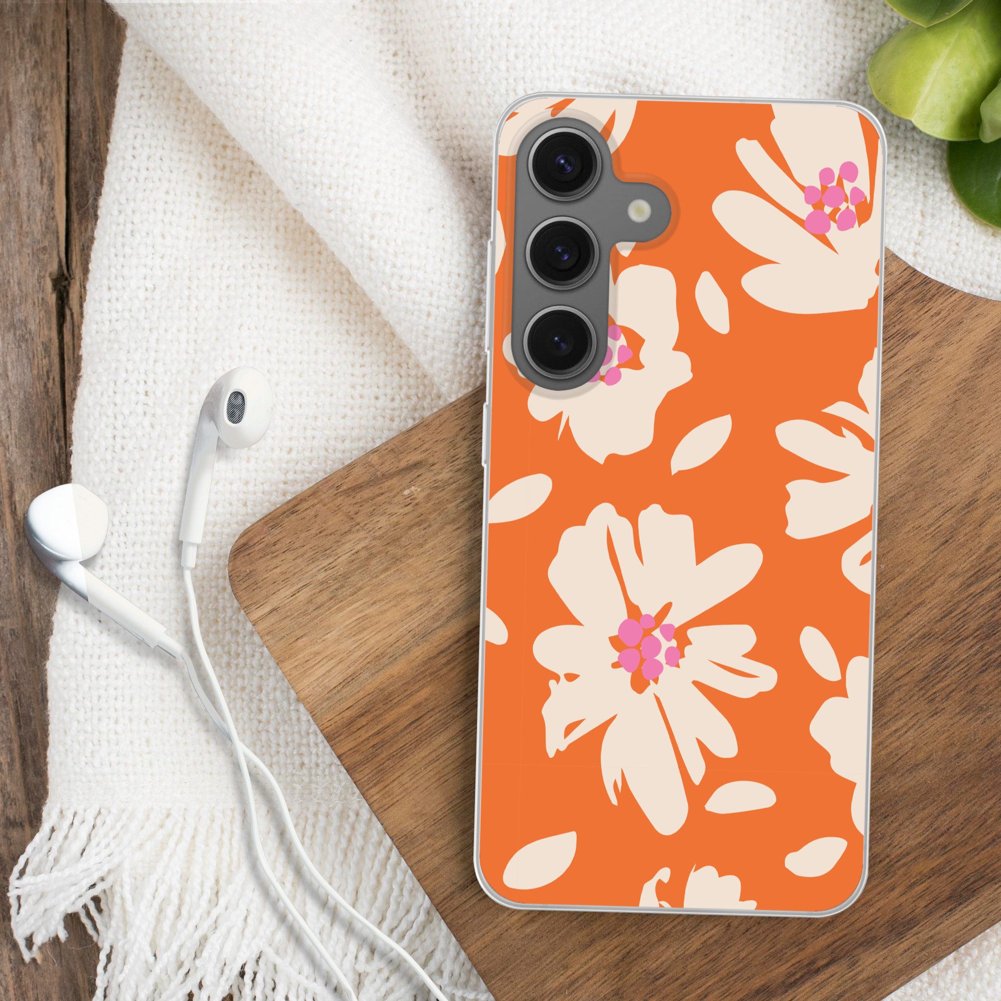 MuchoWow Handyhülle für Samsung Galaxy S25 Blumen - Orange - Beige - Rosa - Abstrakt, Phone Case, Silikon, Schutzhülle Dünn