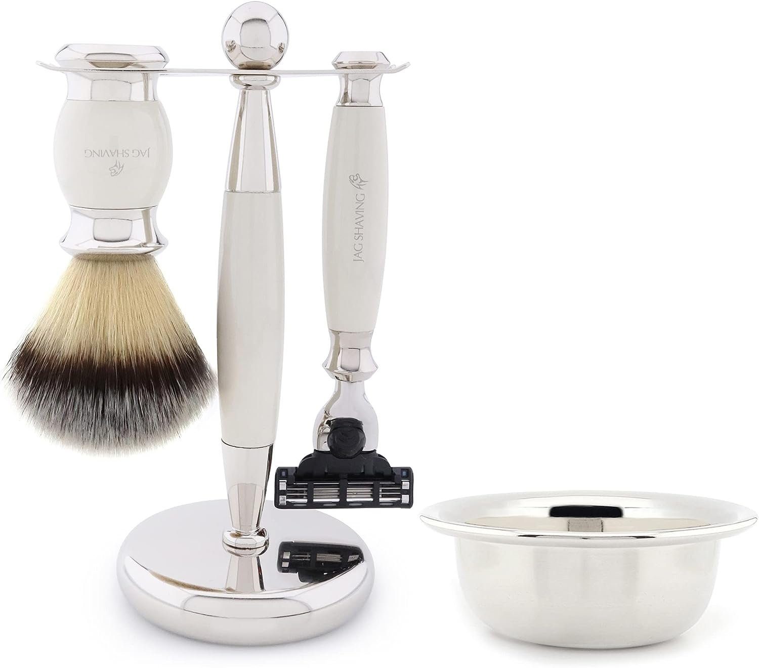 JAG SHAVING Rasierset Klassische Eleganz 4-teiliges Rasierset für den modernen Gentleman, 4-tlg., Mach3 Razor, Synthetischer Rasierpinsel, Rasierschale, Doppelhalter, langlebig und für die Verwendung als Reiseset geeignet