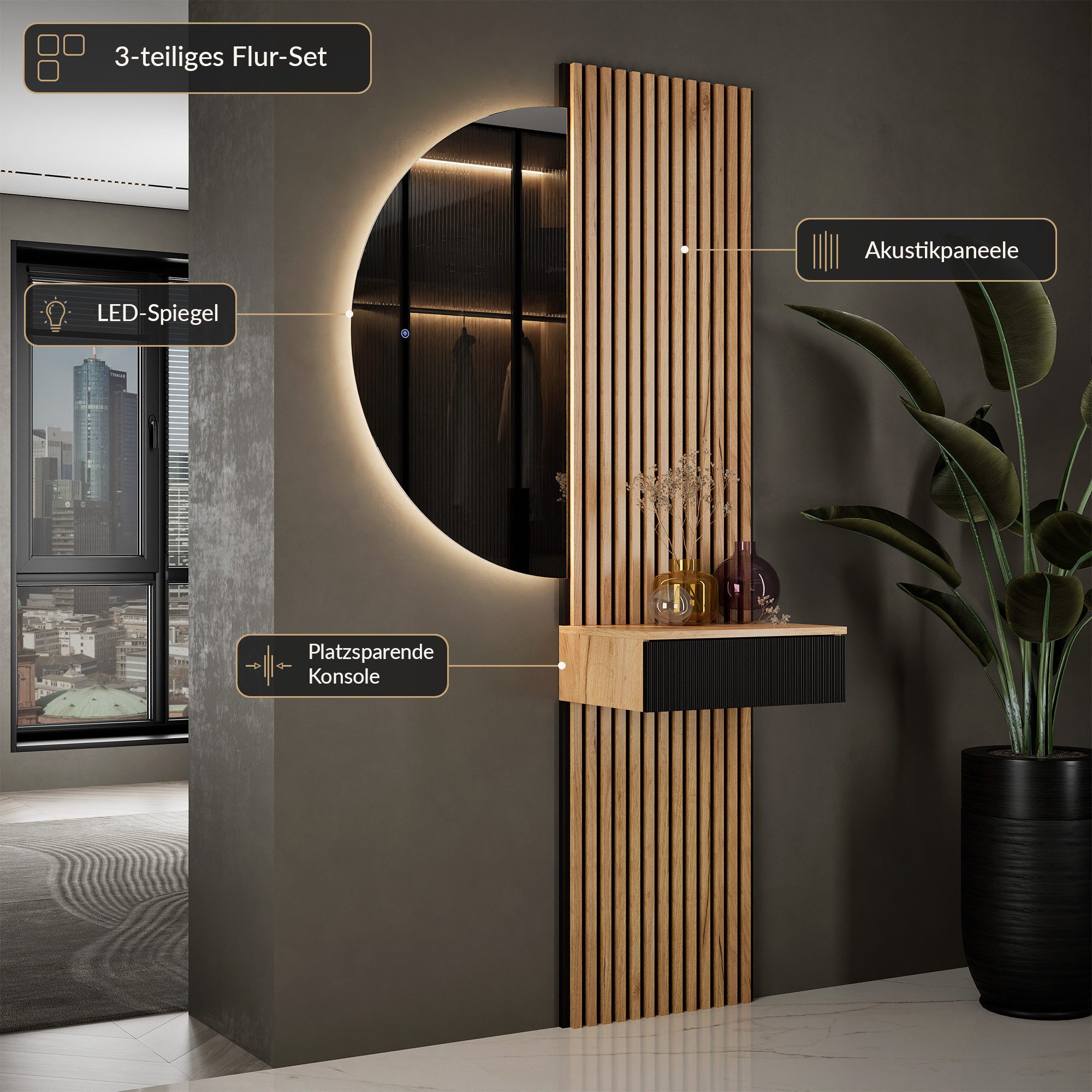 Planetmöbel Garderoben-Set AMYRA Flur Garderobe Spiegel mit Beleuchtung & Akustikpaneele, (LED Spiegel Nivora 50 x 100 cm, Touch-Funktion, Dimmbar, Konsolentisc – Bild 2 von 5