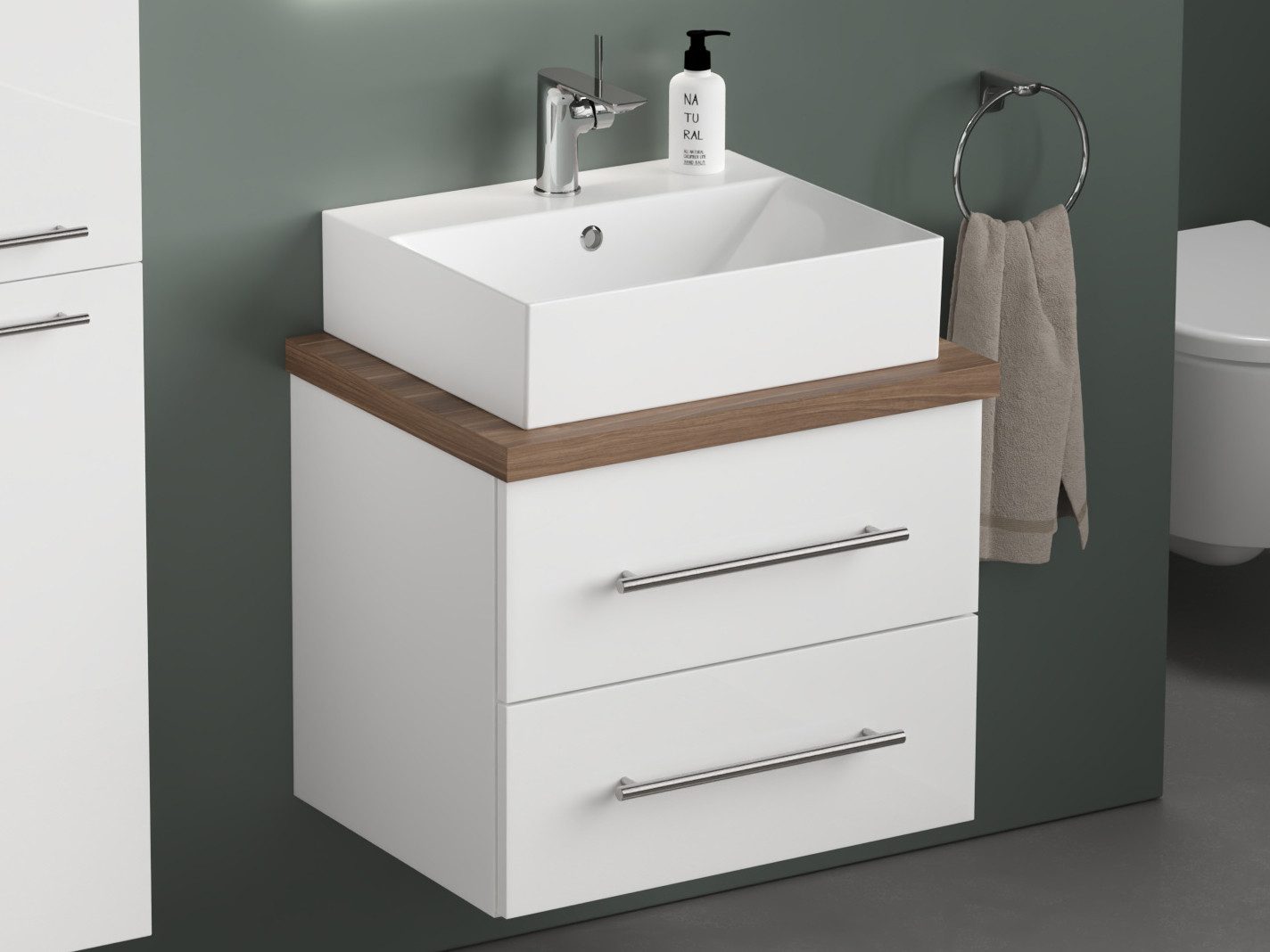 Aqua Bagno Badmöbel-Set Aqua Bagno Flex Badmöbel 60 cm Weiß Hochglanz mit Keramikwaschbecken, (3-St., Badmöbelschrank mit Trägerplatte, Waschtisch), einfache Montage