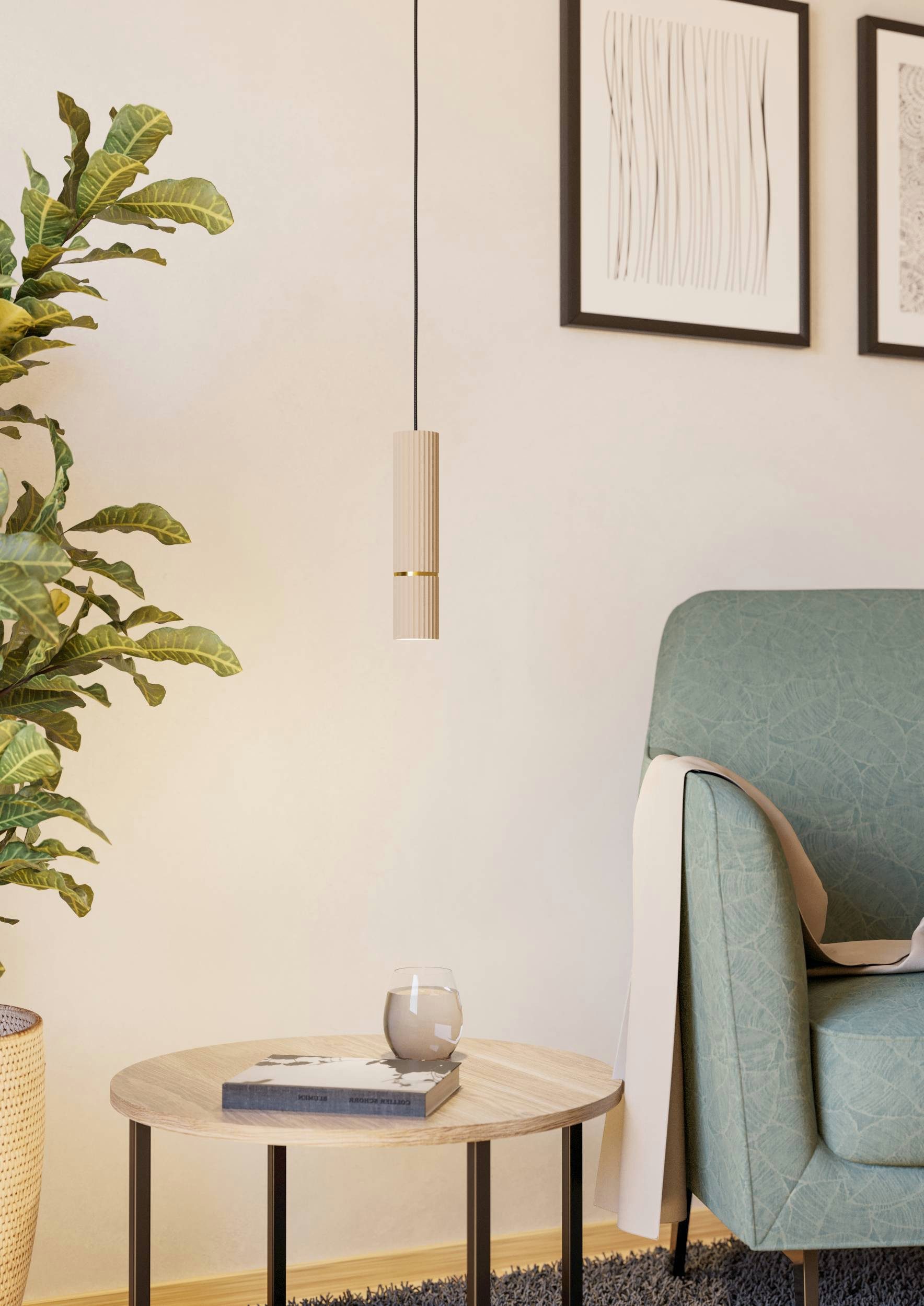 EGLO Hängeleuchte Caminia Hängelampe, beige und gold, Esstischlampe, Pendelleuchte, GU10, LED fest integriert, Hängeleuchte - H110 x Ø6 cm - sandfarben, messing-gebürstet