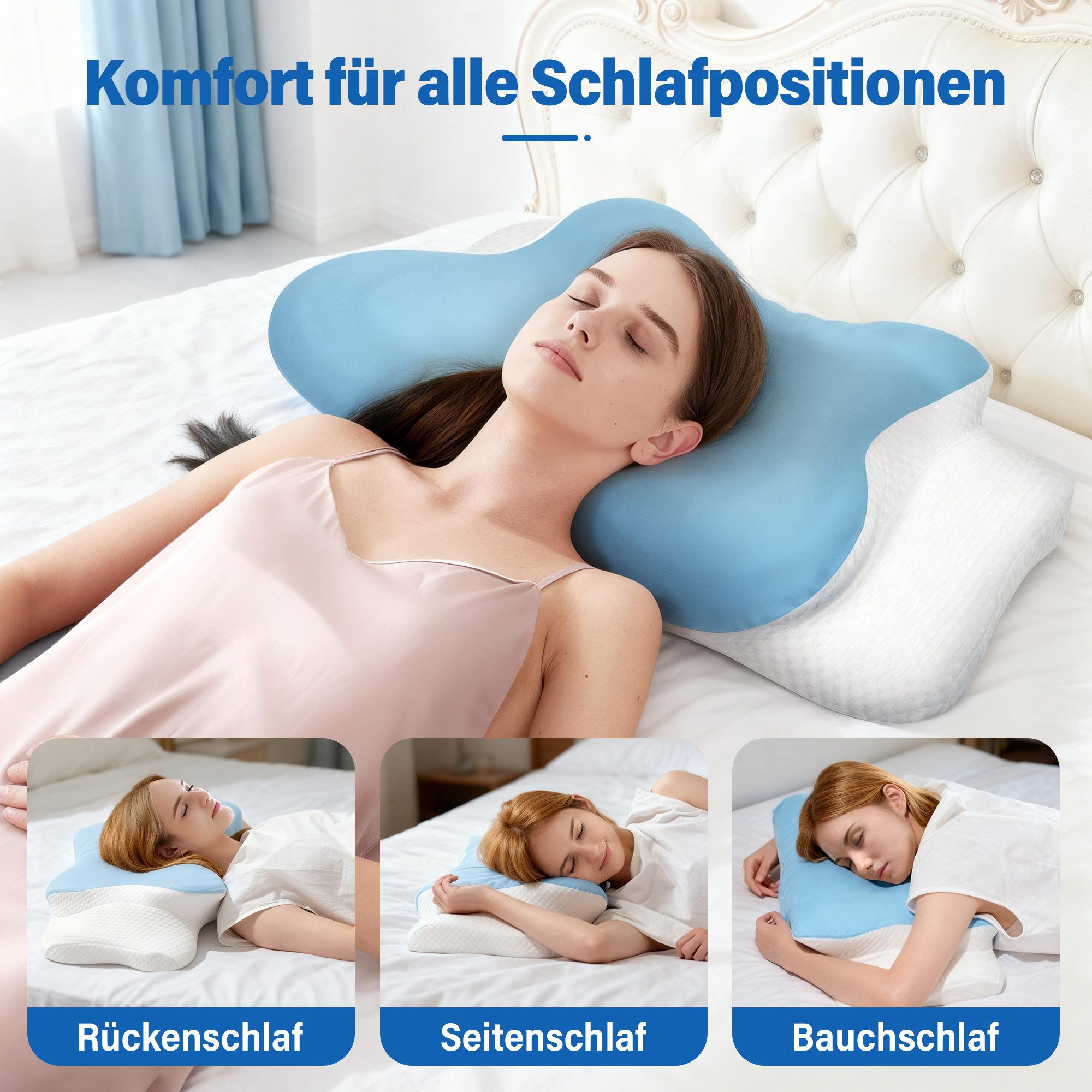 ANYSUN Nackenstützkissen Schlafkissen, Ergonomisches Orthopädisches Kissen, Füllung: 100% Polyurethan, Bezug: 87% Nylon, 13% Spandex, Seitenschläfer, Rückenschläfer, Bauchschläfer, Kissen vom OEKO-TEX®, für Erwachsene, Männer, Frauen