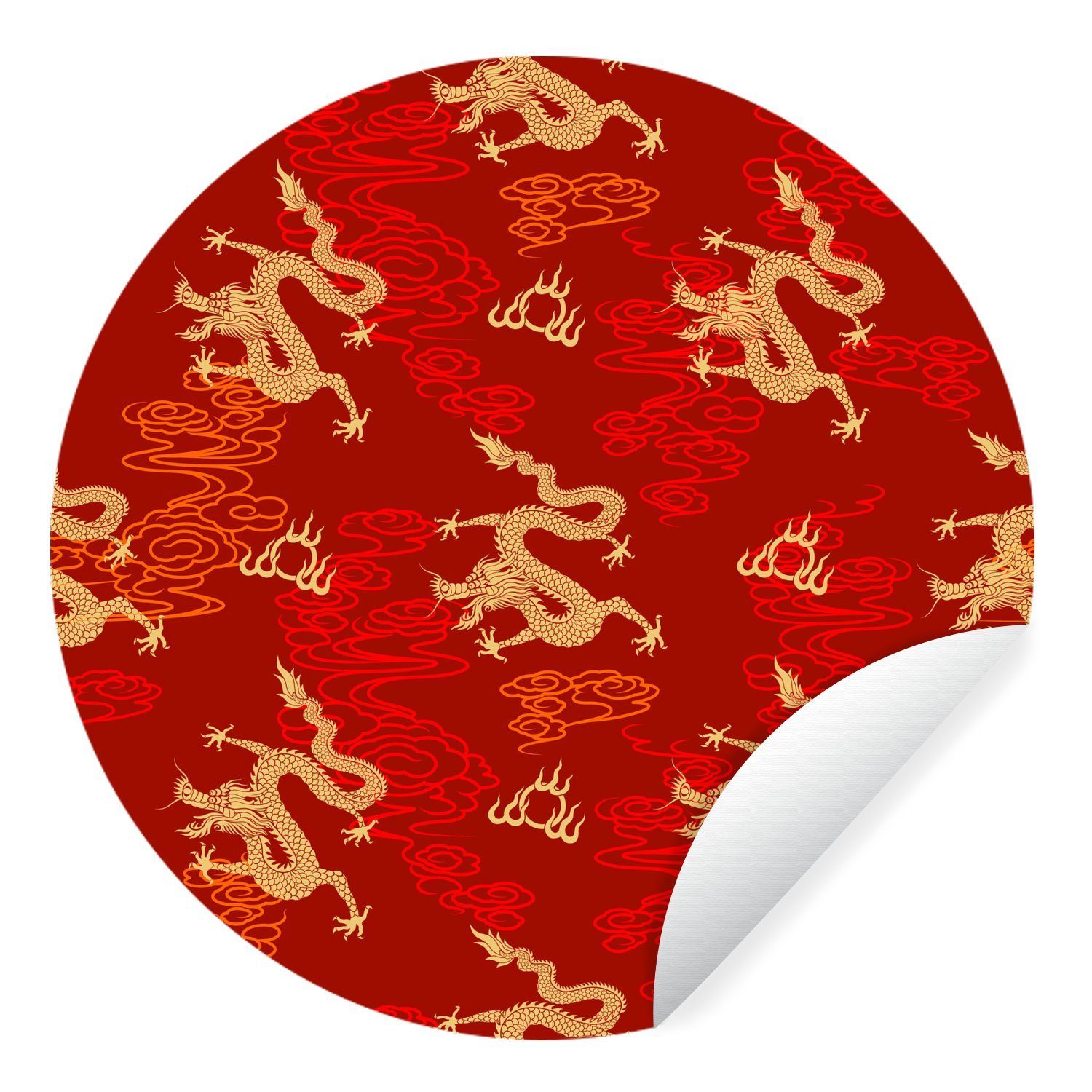 MuchoWow Wandsticker Orientalisches Muster Chinesische Drachen auf rotem Hintergrund (1 St), Tapetenkreis für Kinderzimmer, Tapetenaufkleber, Rund, Wohnzimmer | Wandtattoos