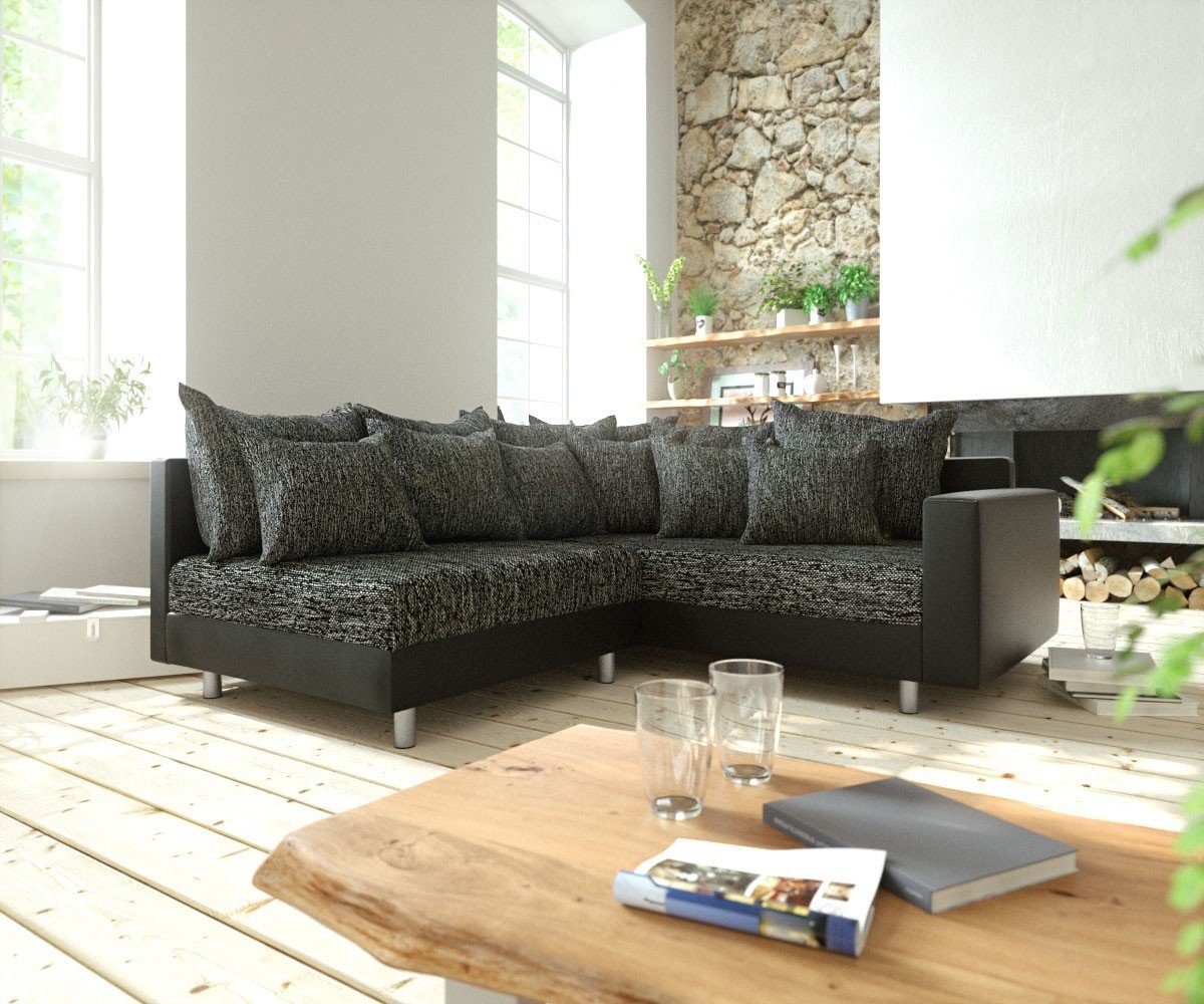 DELIFE Ecksofa Clovis, Schwarz mit Armlehne Ottomane Rechts Ecksofa Modulsofa