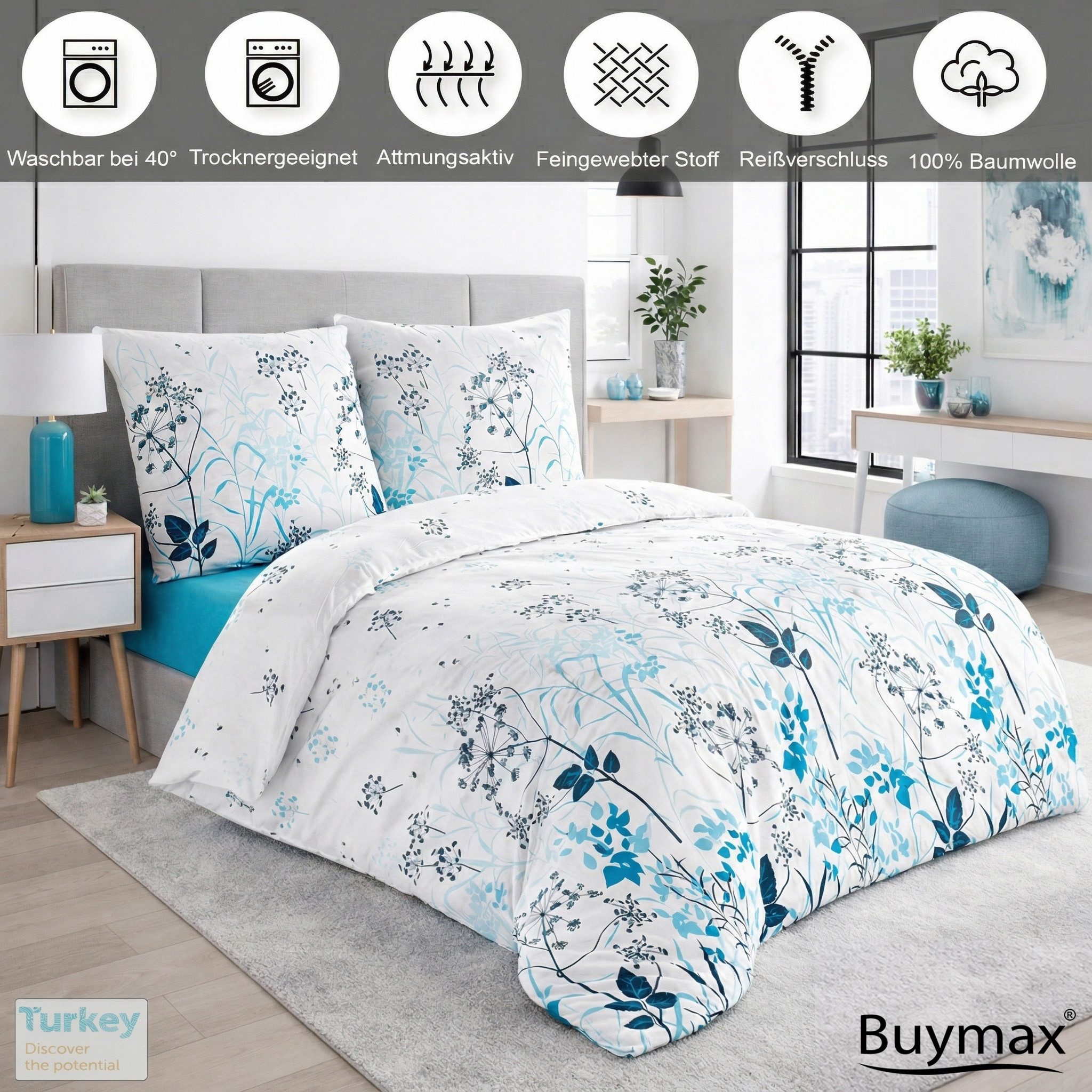 Buymax Bettwäsche Blue Garden, Renforce: 100% Baumwolle, 2 teilig, Bettwäsche-Set in 135x200 cm, mit Reißverschluss, Blumen, Weiß, Blau