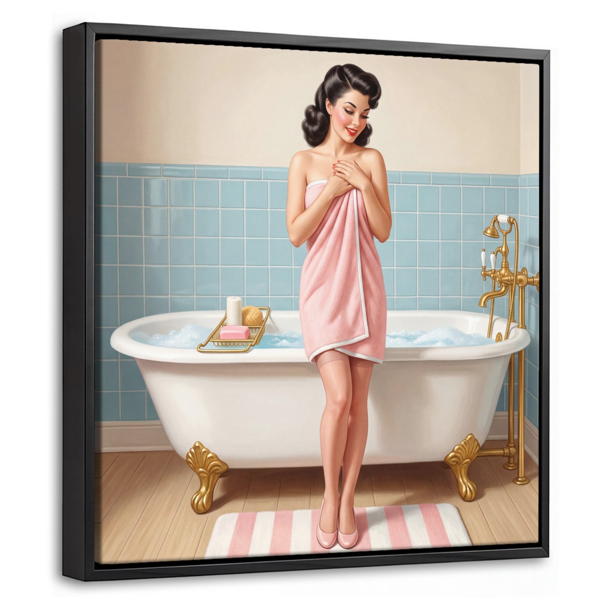 OneMillionCanvasses® Leinwandbild mit Rahmen - Badezimmer - Frau - Rosa, Fotodruck (1 St), Leinwand Bilder Klein, Wand Dekoration Aesthetic 20x20cm