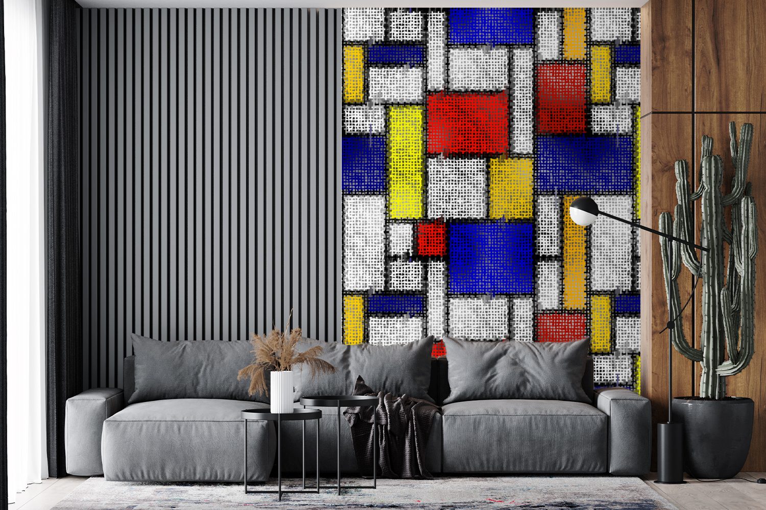 bedruckt, Wohnzimmer, Mondrian Tapete - Piet Fototapete St), - Montagefertig (3 Wandtapete Matt, Rot, Vinyl Blau für - MuchoWow Gelb