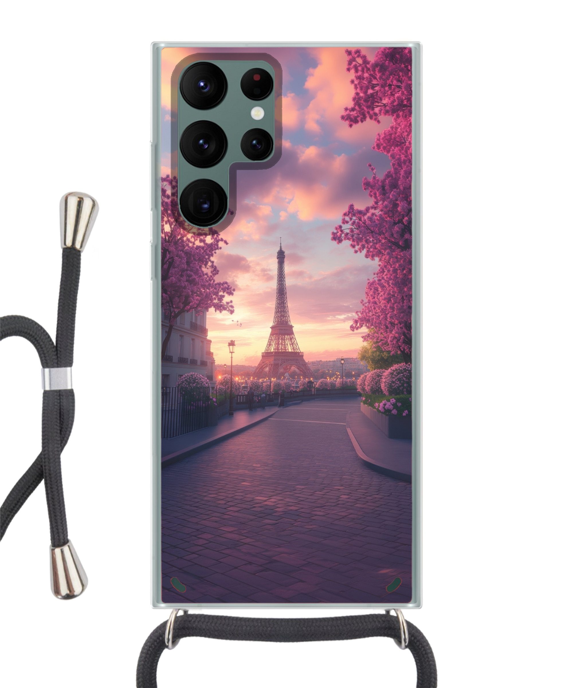 MuchoWow Handyhülle für Samsung Galaxy S22 Ultra Eiffelturm - Paris - Rosa, Tragbare Handyhüllen mit Kette zum umhängen, Handykette Handyband