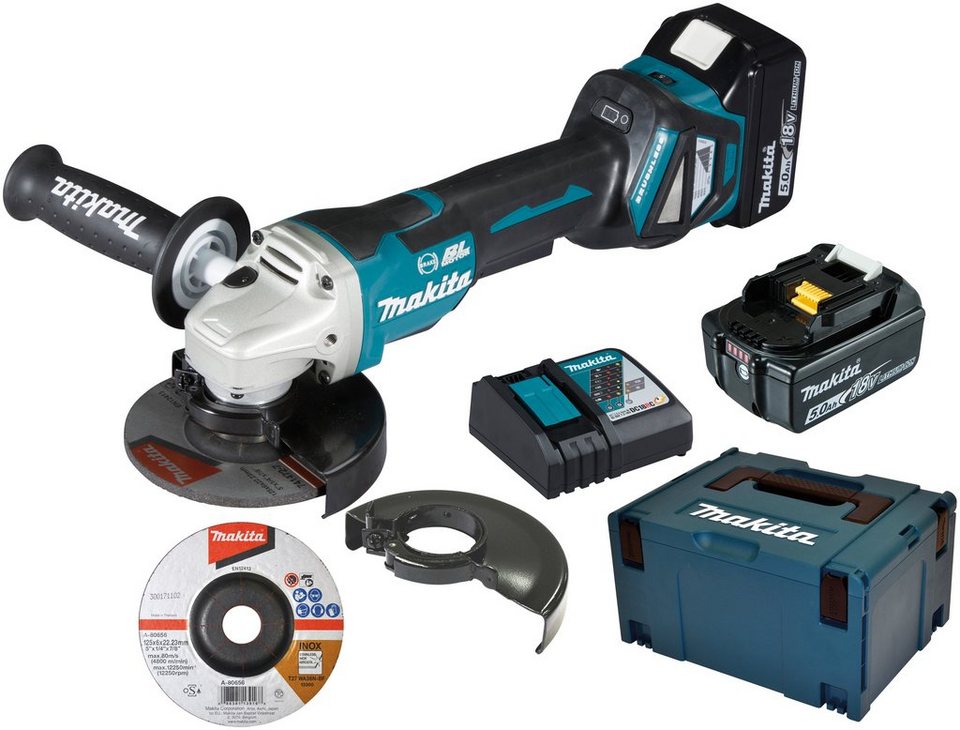 Makita Akku-Winkelschleifer DGA517RTJ, max. 8500 U/min, (Set, 8 tlg), 18 V  / 5,0 Ah mit Paddleschalter, ADT (Automatic torque Drive Technology),  Drehzahl wird automatisch generiert