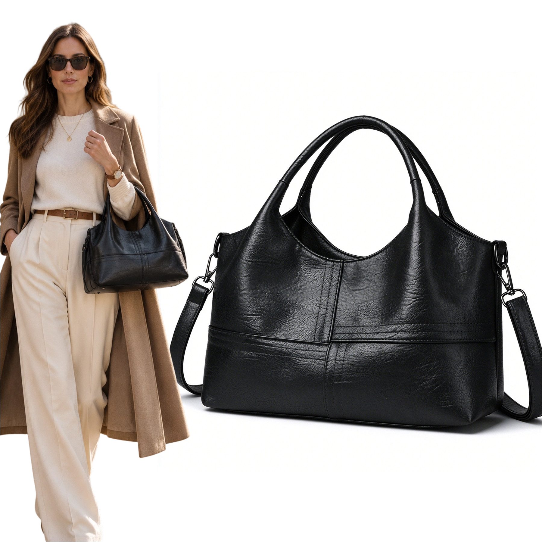 Mutig Schultertasche Handtasche Damen, Shopper Tasche PU-Leder (Umhängetasche mit Vielen Fächern, Schultertasche mit Verstellbar Abnehmbar Gurt), Crossbody Bags für Pendeln, Arbeit, Alltag und Reisen