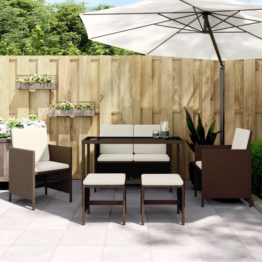 vidaXL Garten-Essgruppe vidaXL 6-tlg. Garten-Essgruppe mit Kissen Braun Poly Rattan