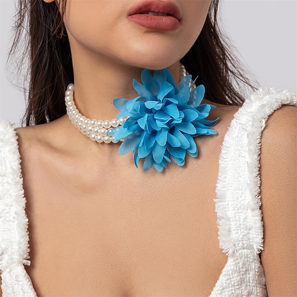 Rouemi Choker Damen-Halskette, Imitation Perle Blume Bankett-Halskette Blau