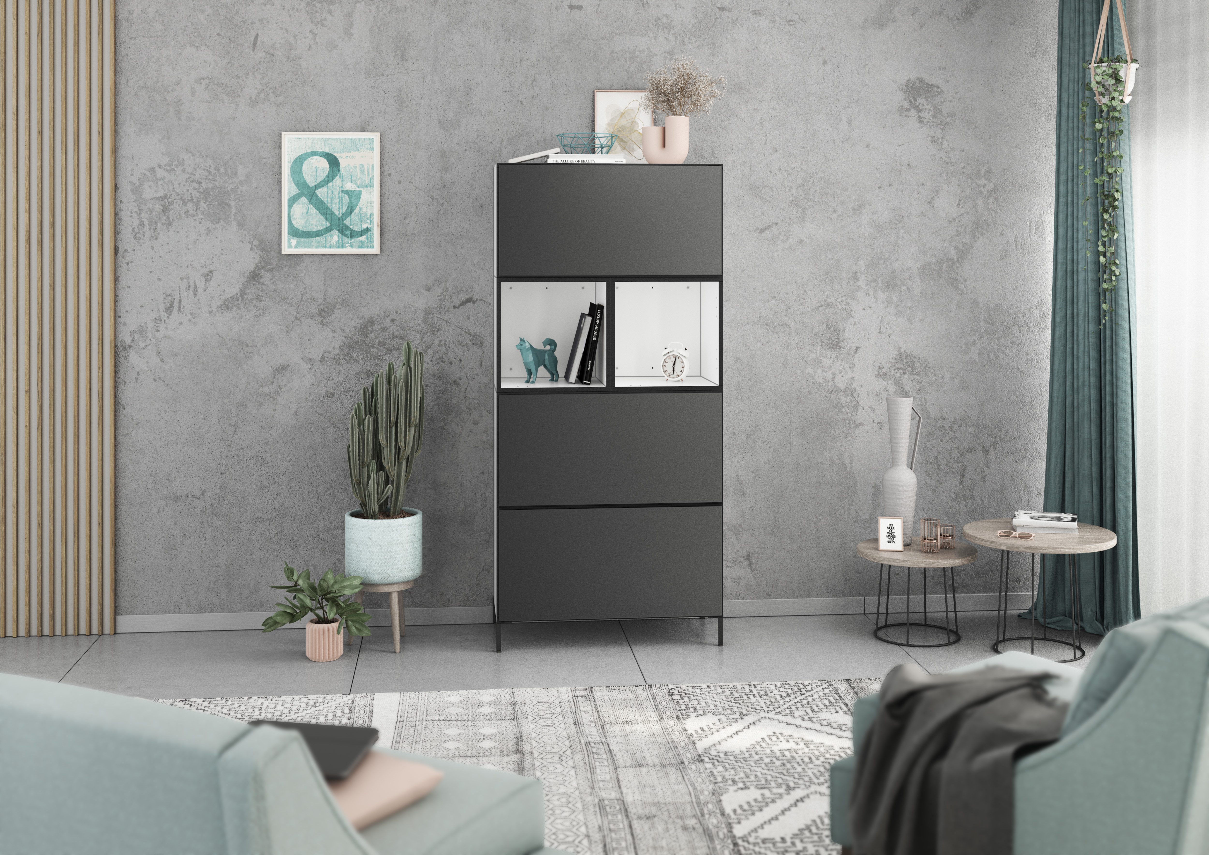 BMG Möbel Stauraumvitrine Modul+ (Highboard Set 5 tlg., besteht aus: 3x Schrank mit Klappenfunktion, 2x Regal) Schränke frei kombinierbar, wandhängend oder stehend