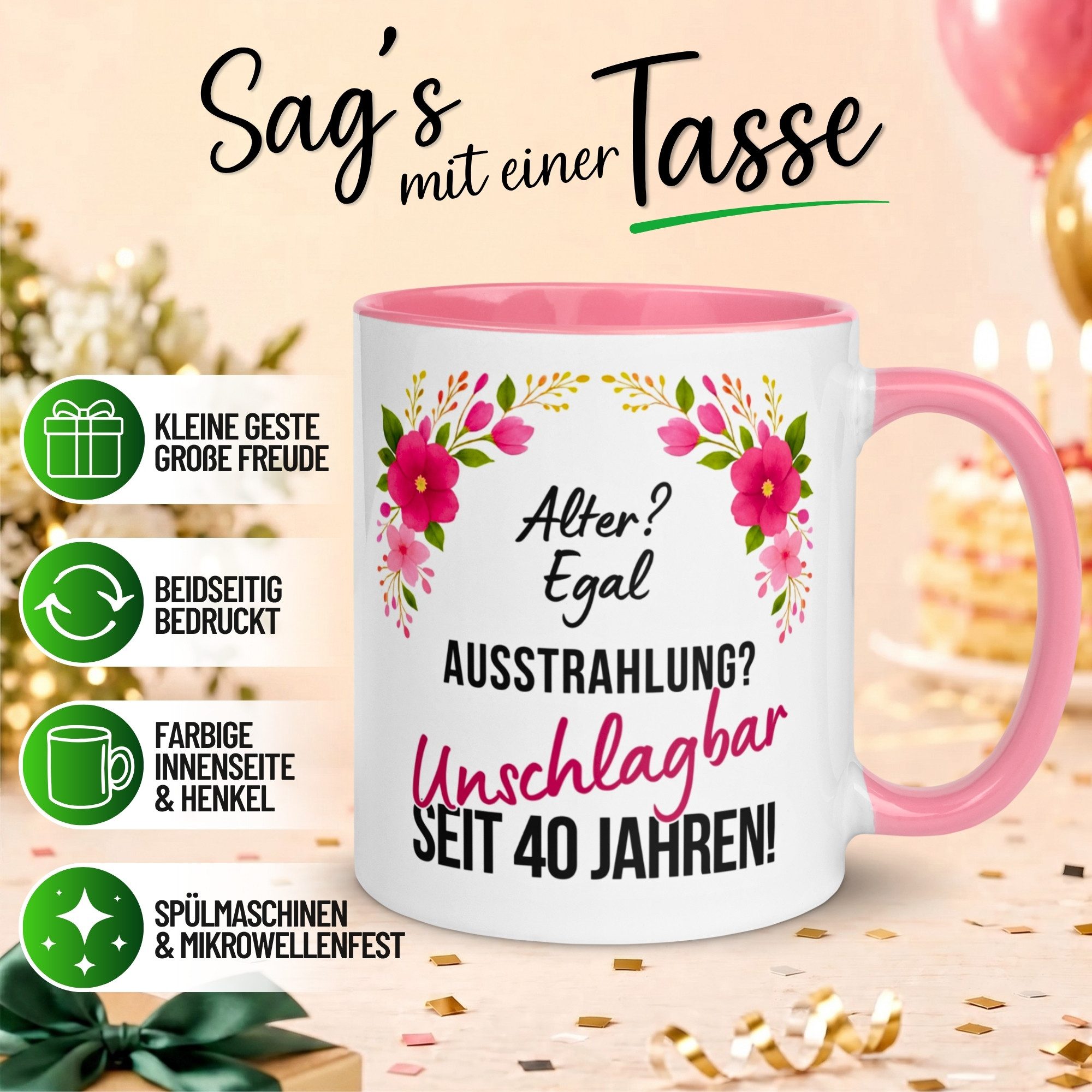 Momentals Tasse Geschenk zum 40. Geburtstag Frau – „Ausstrahlung einfach Unschlagbar“, Gratis Versand · Links-&Rechtshänder · Spülmaschinenfest