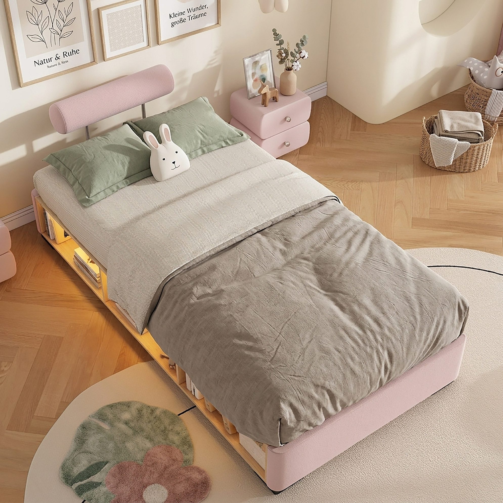 REDOM Polsterbett offenem Stauraum und 3-seitig flexibler Kopfstütze, Kinderbett (mit LED-Regal, Jugendbett, Stauraumbett 90x200 cm), Inklusive Matratze