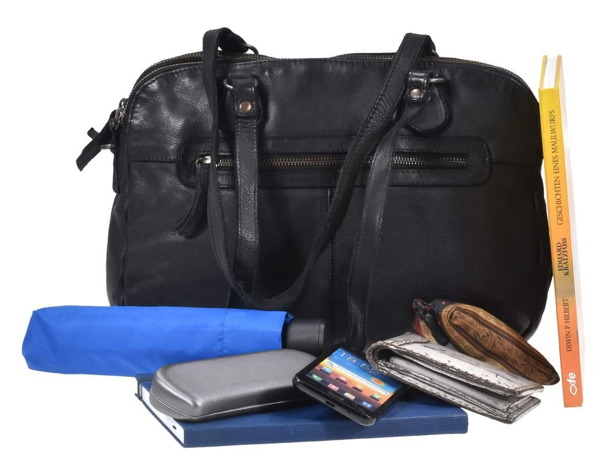 Handtasche, Leder Schultertasche, Umhängetasche Lieke, in weiches schwarz Bear Design knautschig