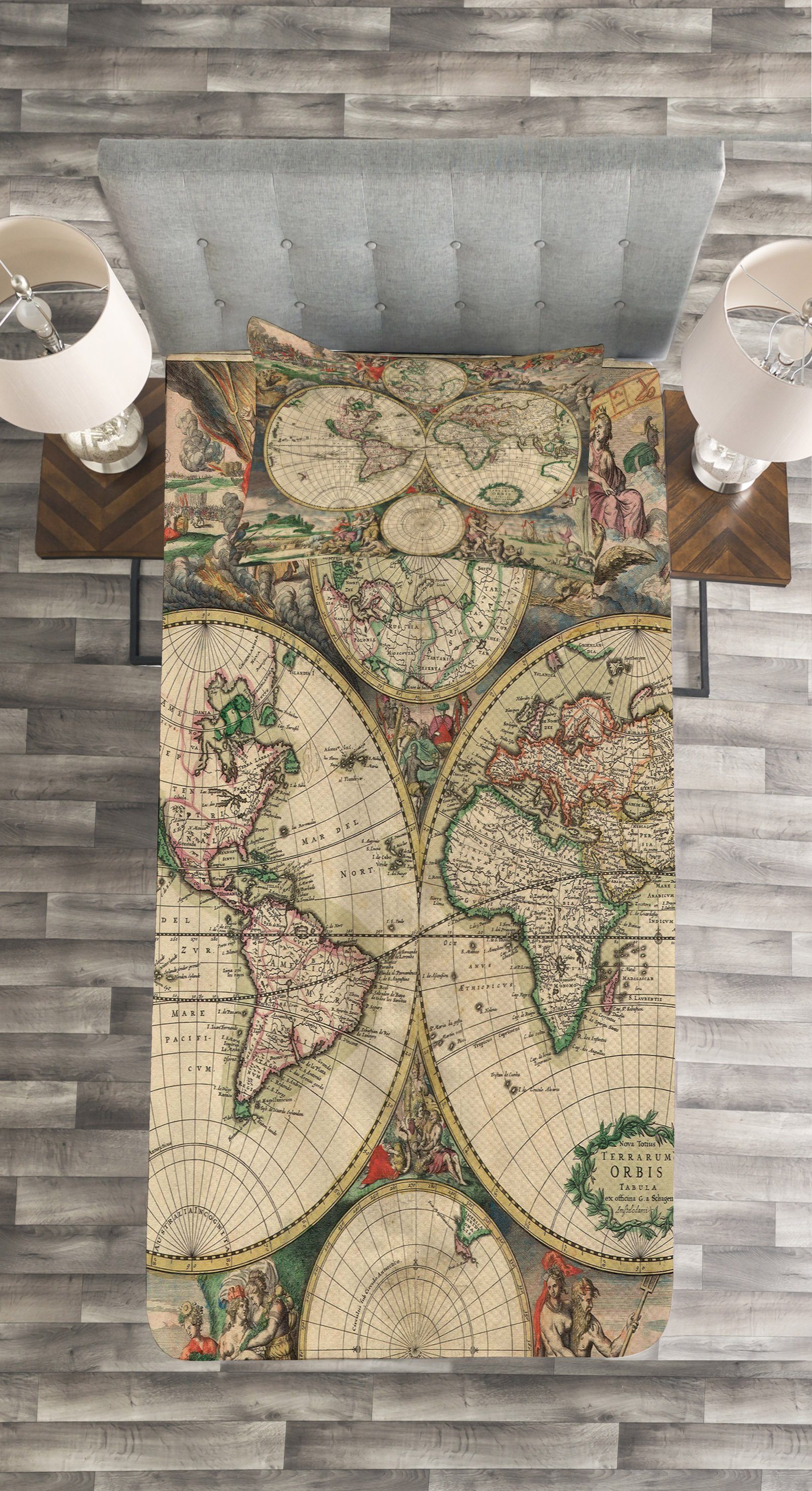Weltkarte Tagesdecke Set Waschbar, Antike Klassiker Abakuhaus, Kissenbezügen mit