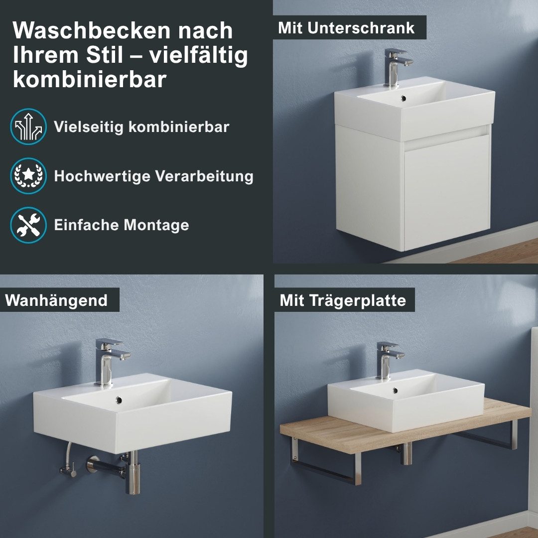 Aqua Bagno Waschbecken Aufsatzwaschbecken 50cm weiß eckig wandhängend Waschtisch (Packung)
