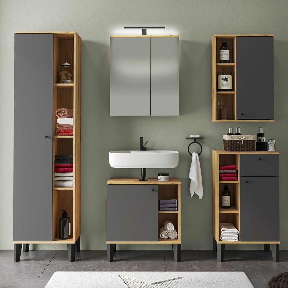 Lomadox Badmöbel-Set OLEAN-61, (Spar-Set, 5-St., Waschbeckenschrank Spiegelschrank Hochschrank Unter- und Hängeschrank), Eiche Dekor mit grau Möbelfüße schwarz LED Beleuchtung modern