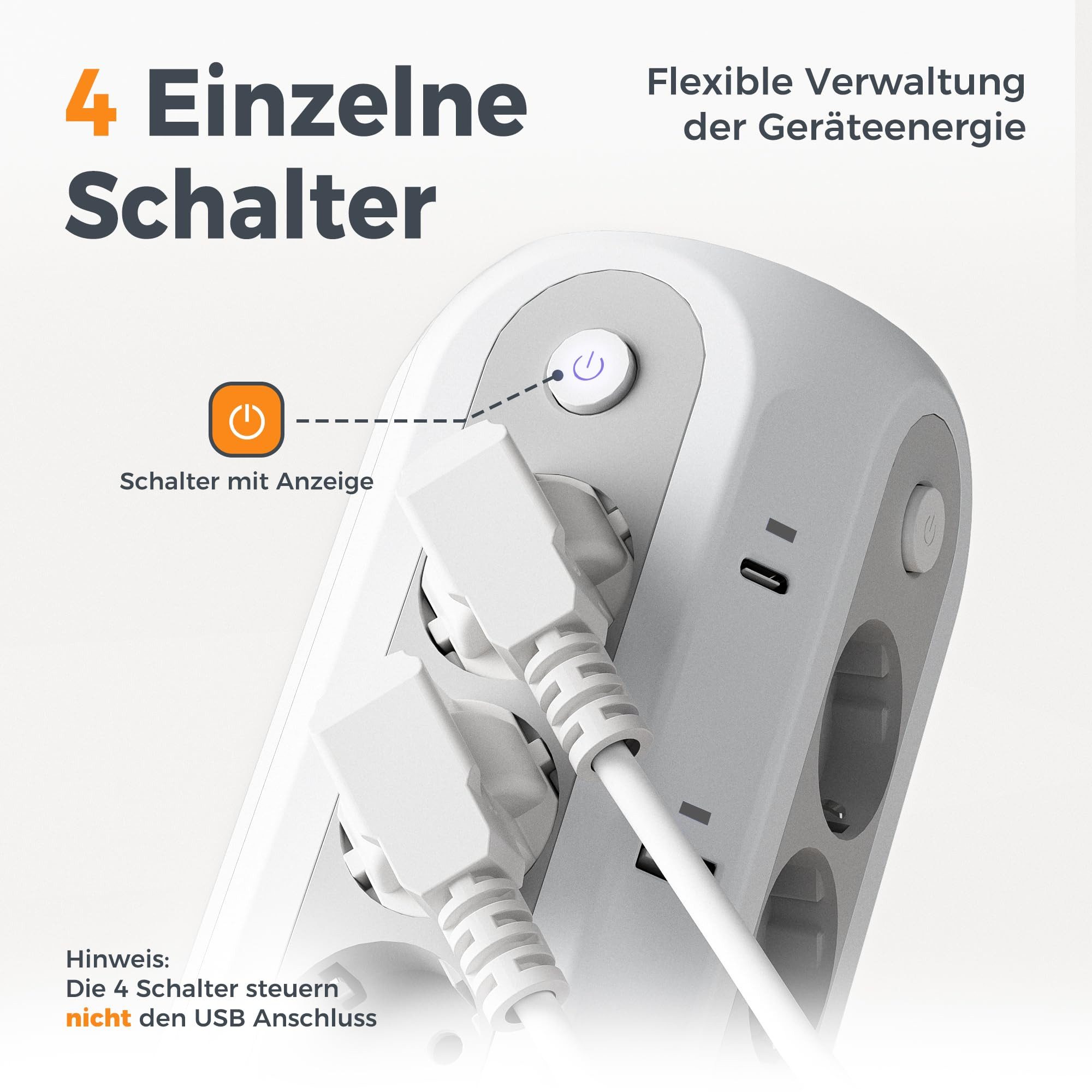 TESSAN 12 Fach Mehrfachsteckdose mit 3 USB(2 USB-A/1 USB-C) Kabel 2/5m Mehrfachsteckdose (USB-Anschlusse, Ein-/Ausschalter, Kabellänge 2 m) – Bild 4 von 5