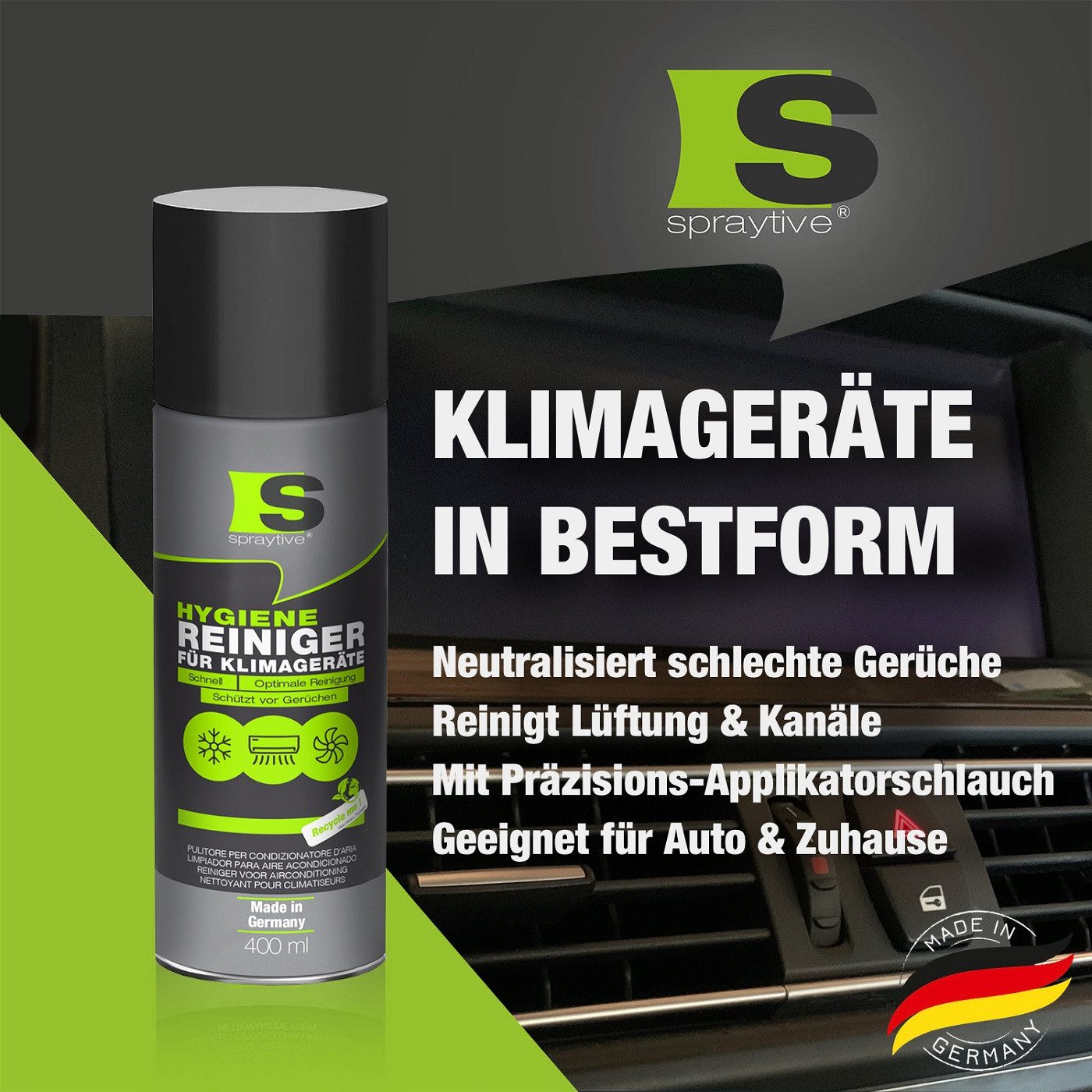 Spraytive 1x 400ml Reiniger für Klimageräte Klimaanlagenreiniger für Auto & Haus Oberflächen-Desinfektionsmittel (Made in Germany)