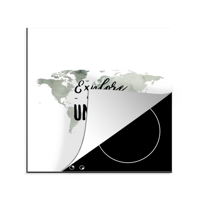 MuchoWow Herdblende-/Abdeckplatte Weltkarte - Aquarell - Zitat Vinyl (1 tlg) Ceranfeldabdeckung Arbeitsplatte für küche