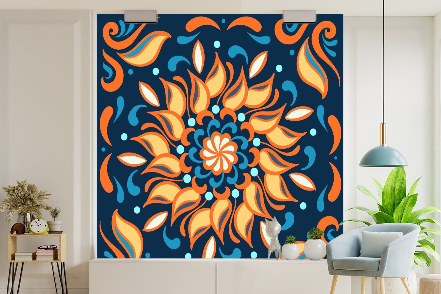 Matt, Orange oder Sonnenblumen - Fototapete St), - Schlafzimmer, MuchoWow Wandtapete Vinyl Tapete Wohnzimmer (5 für Blätter Blau, bedruckt, -
