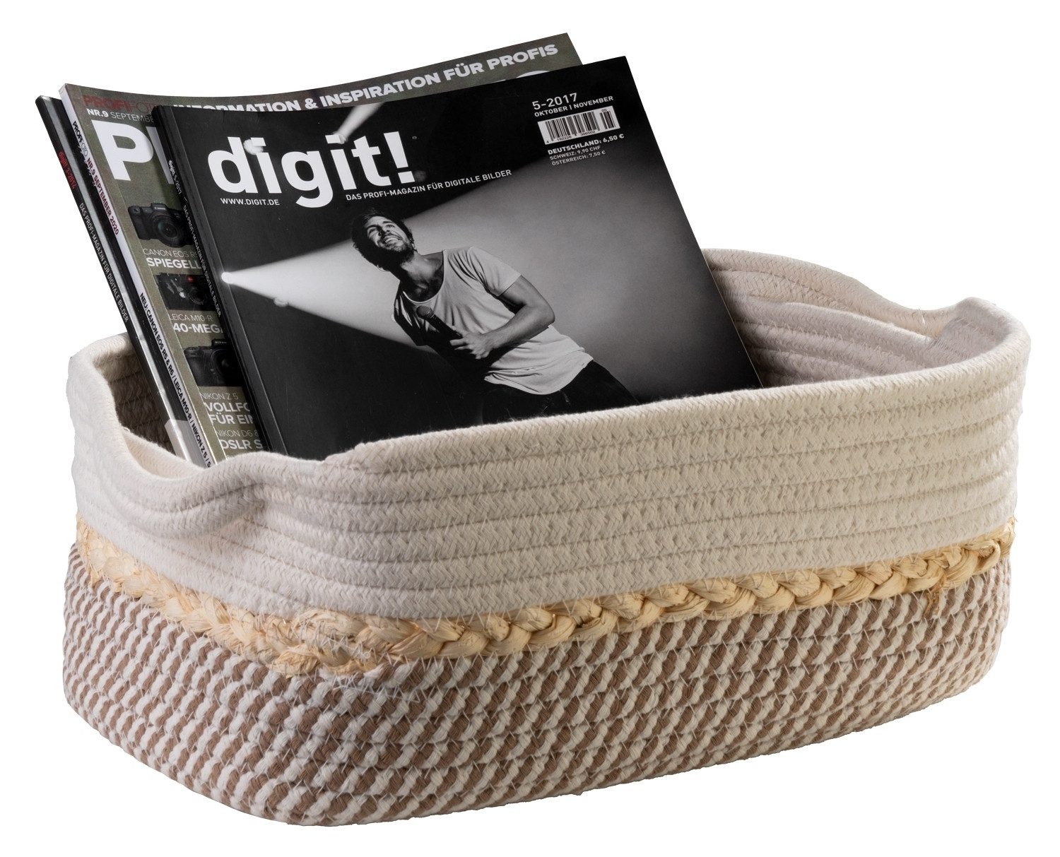 Home4You Aufbewahrungskorb, B 33 cm, H 13 cm, T 23 cm, Beige, Weiß, (1 St), Baumwolle, mit Griffen