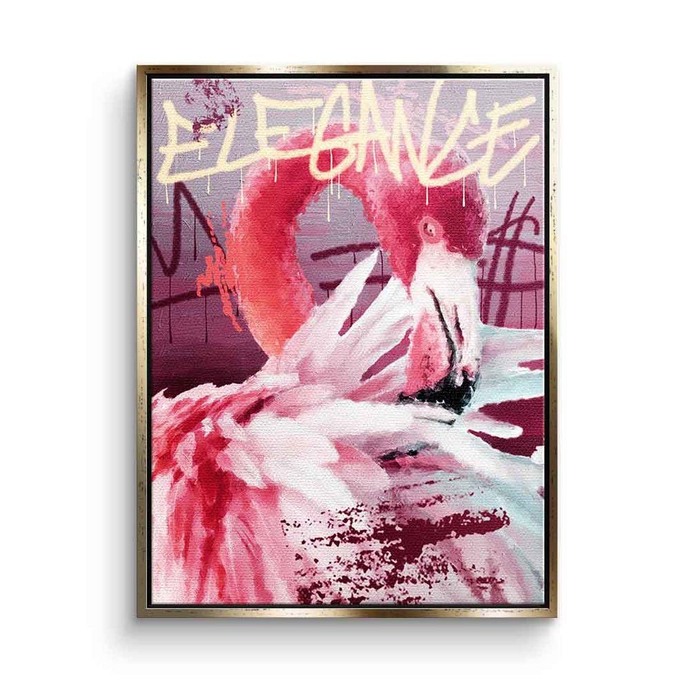 DOTCOMCANVAS® Leinwandbild, Leinwandbild Graffiti Art Flamingo mit rosa premium goldener Rahmen elegance Rahmen