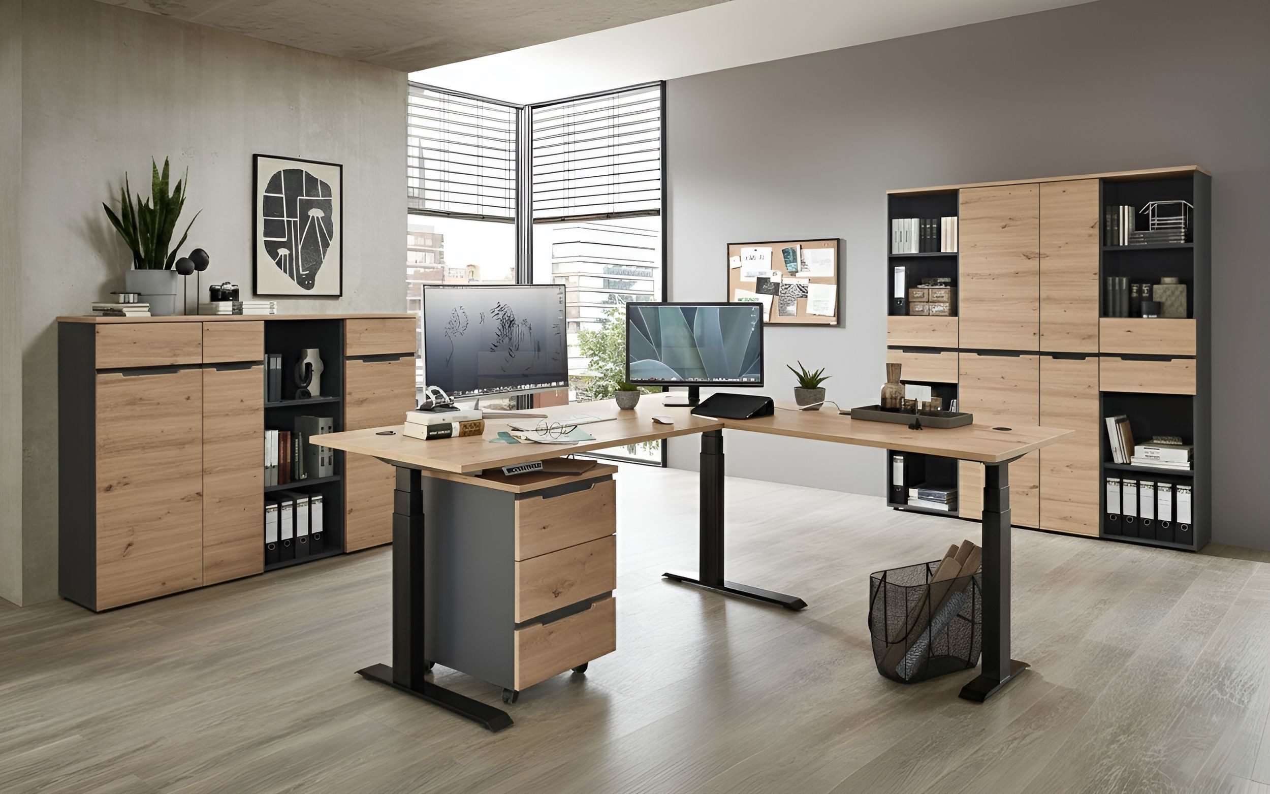 Innostyle Büromöbel-Set Komplettbüro MEMPHIS XI 8-teilig Front Artisan Eiche Korpus Graphit, (Komplett-Set, 8-tlg., 3x Schrank, 3x Regal, 1x Schreibtisch, 1x Rollcontainer)