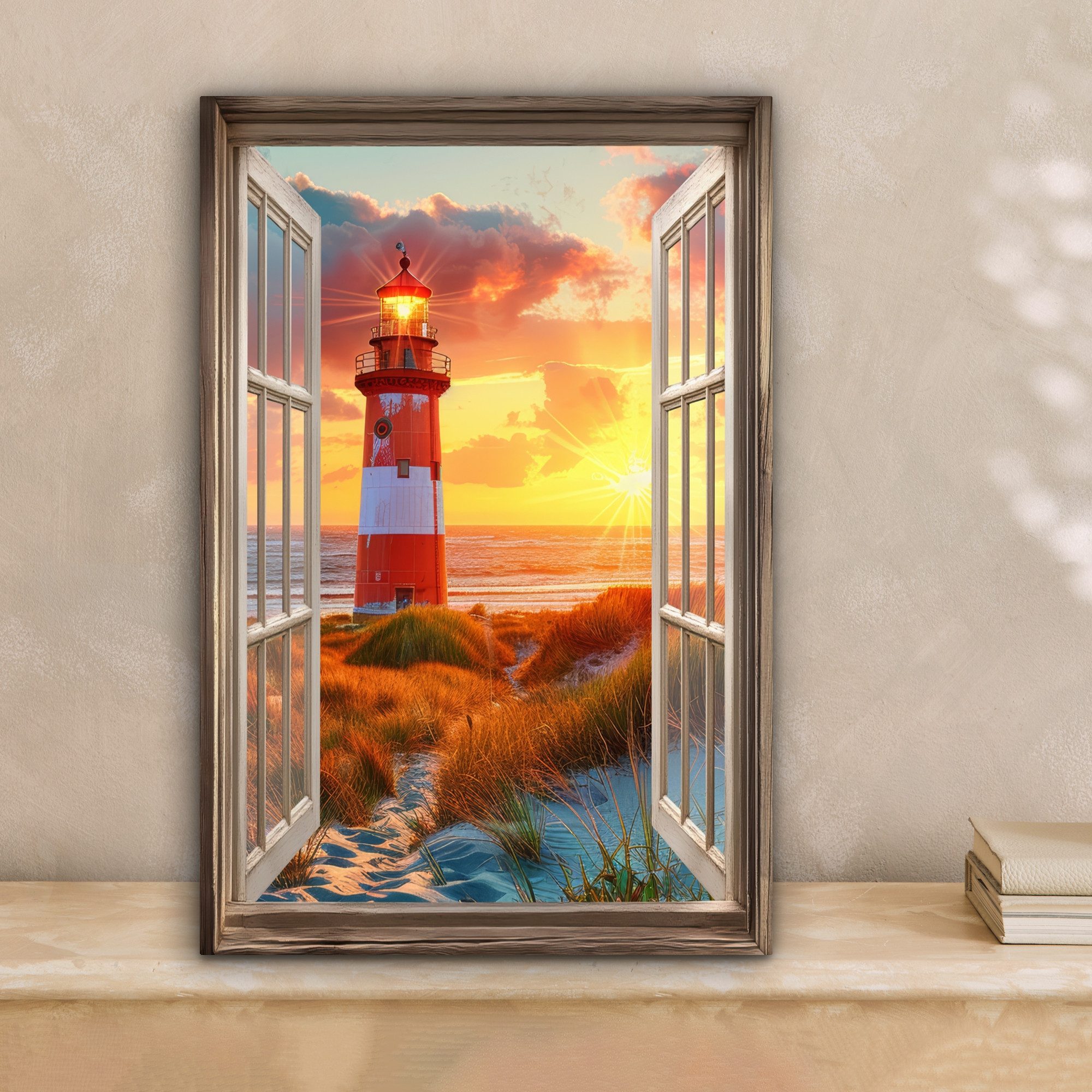 OneMillionCanvasses® Leinwandbild Aussicht - Fenster - Leuchtturm - Sonnenu günstig online kaufen