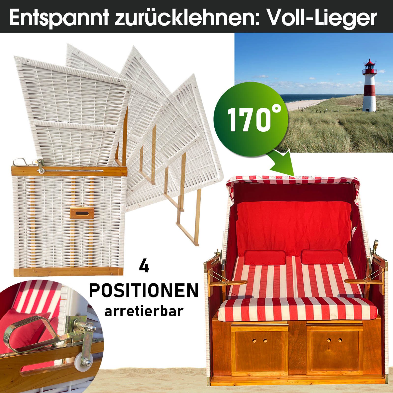 BRAST Strandkorb für 2 Personen, 120cm breit, 4 Designs, BxTxH: 120x79x150 cm, Volllieger, Norderney Deluxe, (verstellbare Rückenlehne weiches Fußkissen) – Bild 4 von 5