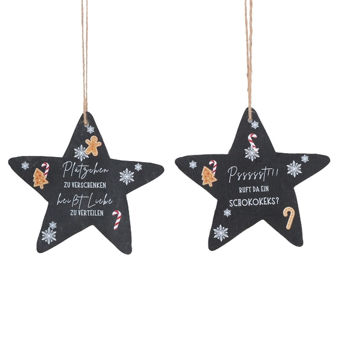 Dragimex Dekohänger Deko Schiefersterne 15 cm – Spruch für Küche & Backstube (2er-Set, 2 x Stern mit Sprüchen)