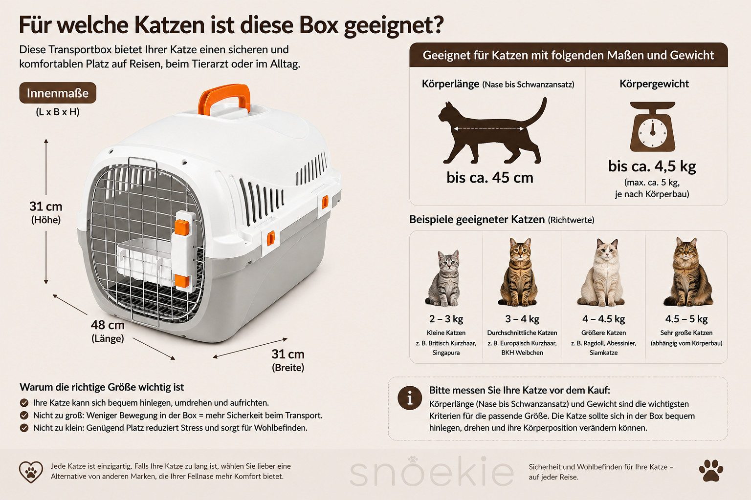 SNOEKIE Tiertransportbox SNOEKIE Transportbox für Katzen & Hunde bis 45 cm Körperlänge bis 6 kg, Stabile Konstruktion, leicht zu reinigen, Sicherer Verschluss