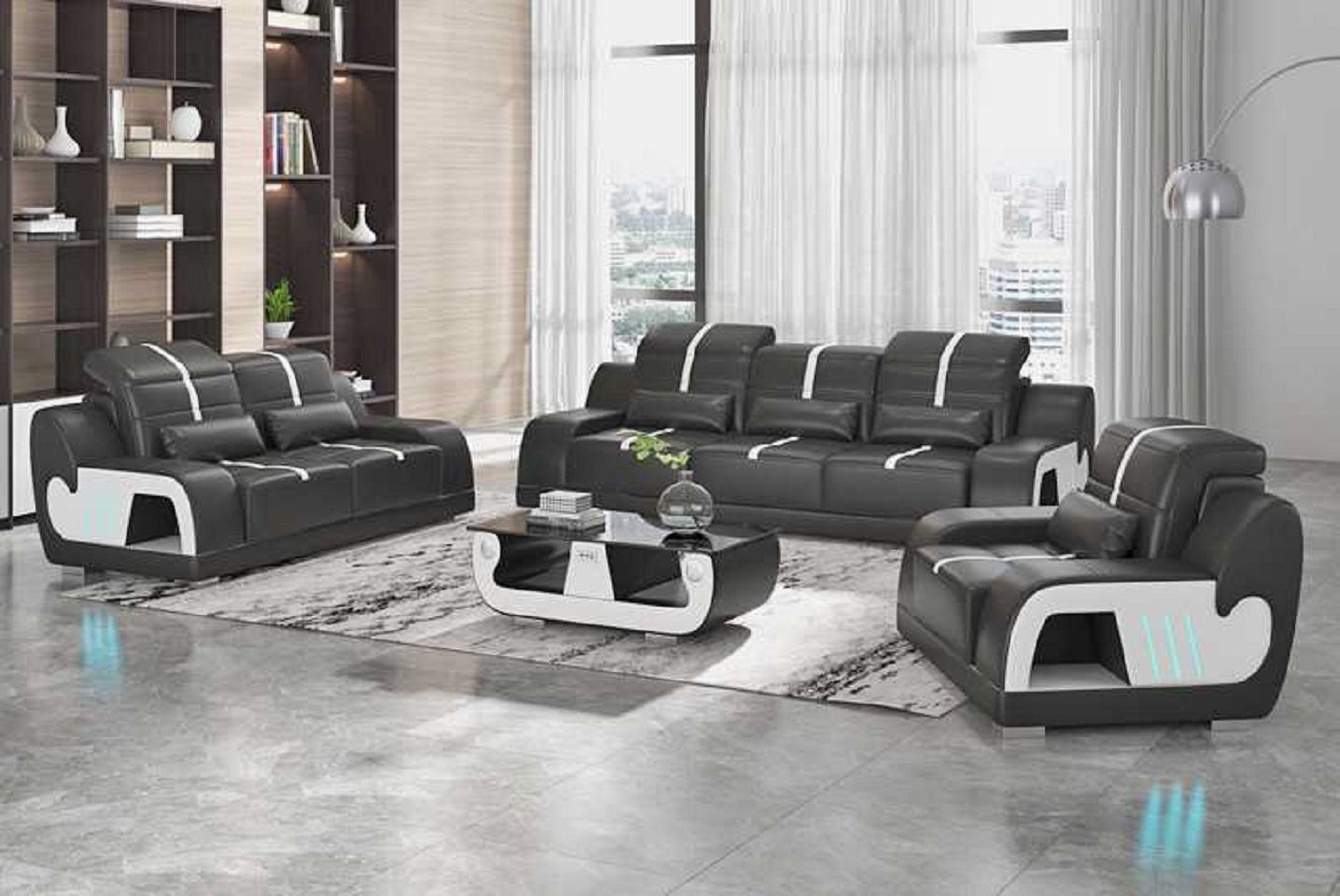 JVmoebel Wohnzimmer-Set Luxus Couchgarnitur Sofagarnitur Komplette Kunstleder Sofa 321, (3-St., Nur Sofa 2+3 Sitzer + Sessel), Made in Europe Schwarz