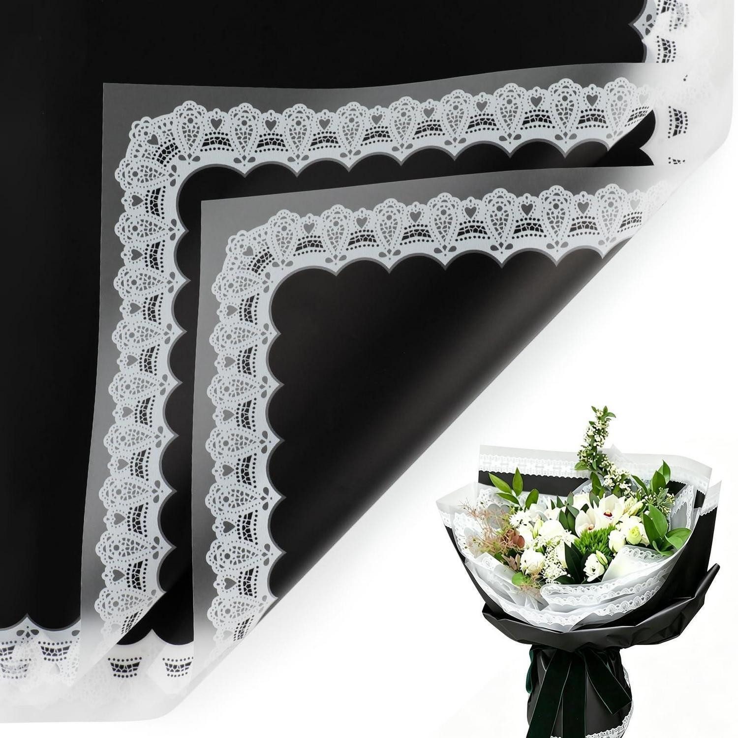 LuxusKollektion Geschenkpapier Blumenpapier Schwarz mit Spitzenrand 20 Blatt, (20St)