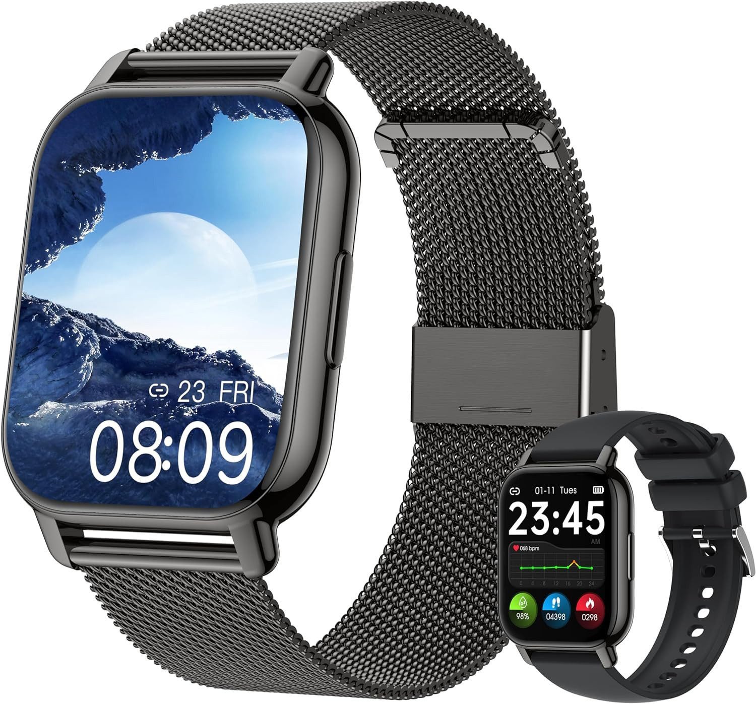 Zevelora Damen's und Herren's Telefonfunktion Fitness-Tracker IP67 Wasserdicht Smartwatch (1,85 Zoll, Android/iOS), mit austauschbarem weichem Silikonarmband, mit Puls-Schlaf-Monitor Schrittzähler Sportuhr 110+ Sportmodi