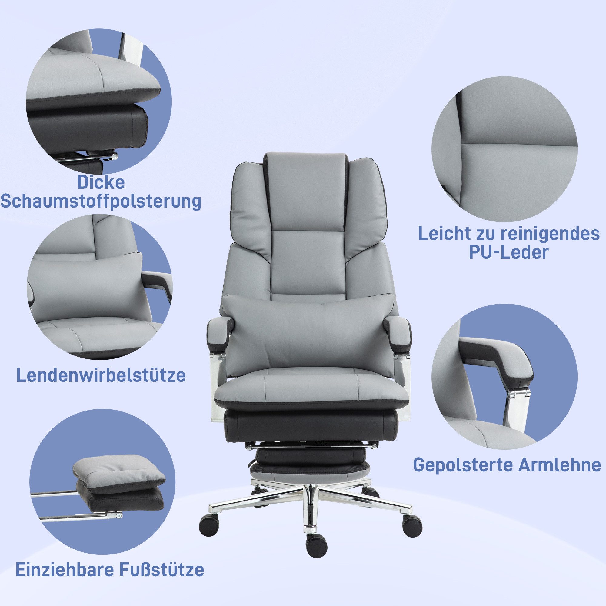HOMCOM Schreibtischstuhl Bürostuhl, Armlehne, Fußstütze, Computerstuhl mit Liegefunktion (Chefsessel, 1 St), bis 120 kg Belastbar, Grau – Bild 5 von 5