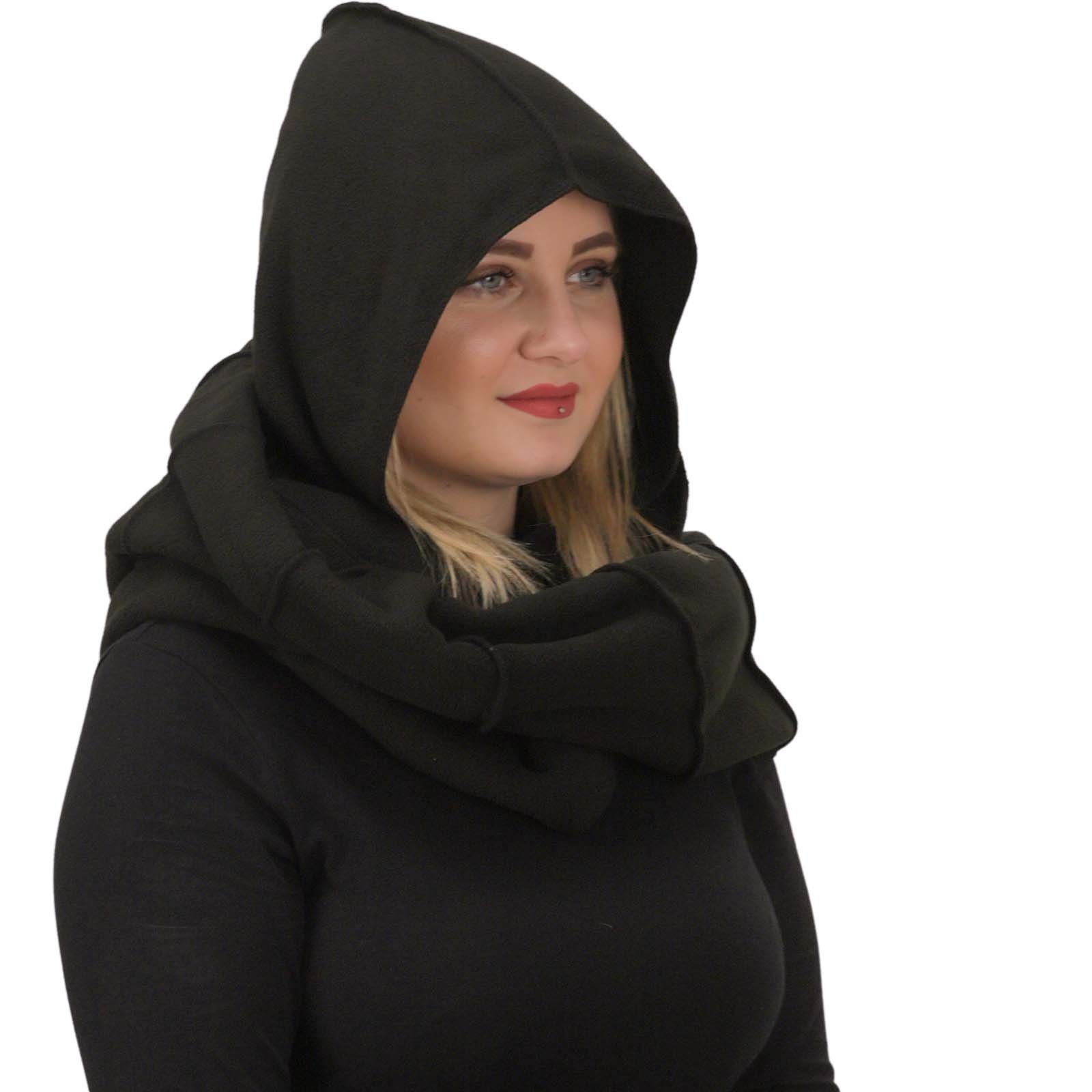 Damen Black KUNST Kapuze Loop Kapuzenschal Schal Loop Schlupfmütze UND / Schalmütze Fleece Schwarz Poncho MAGIE