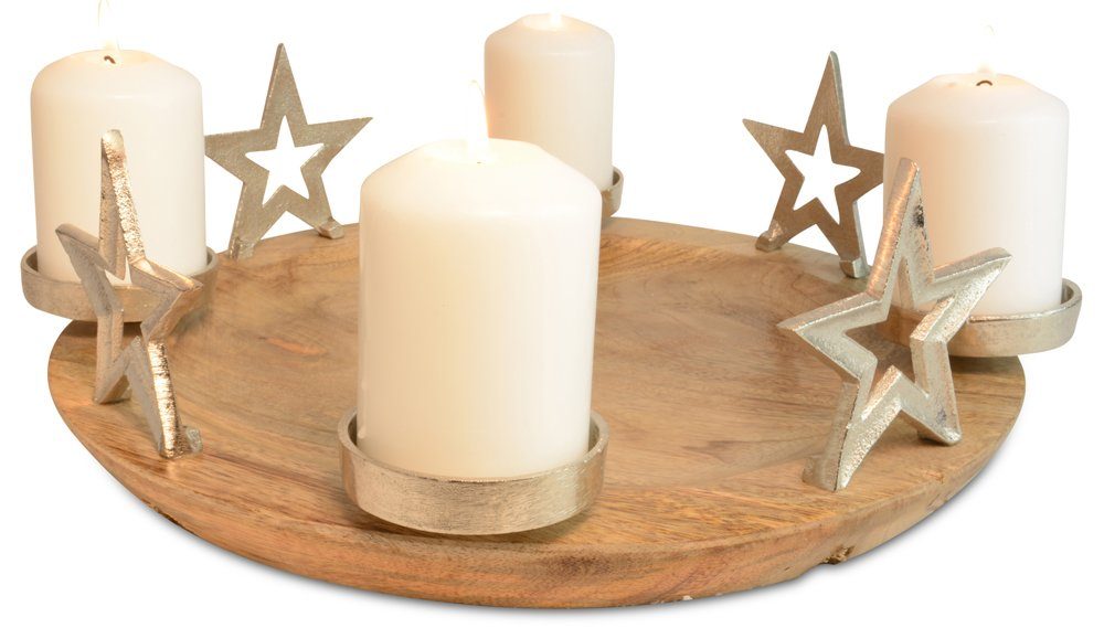 RIFFELMACHER & WEINBERGER Adventskranz Kerzenhalter "Runder Teller mit Sternen" 70338 - Natur Silber 38x13cm