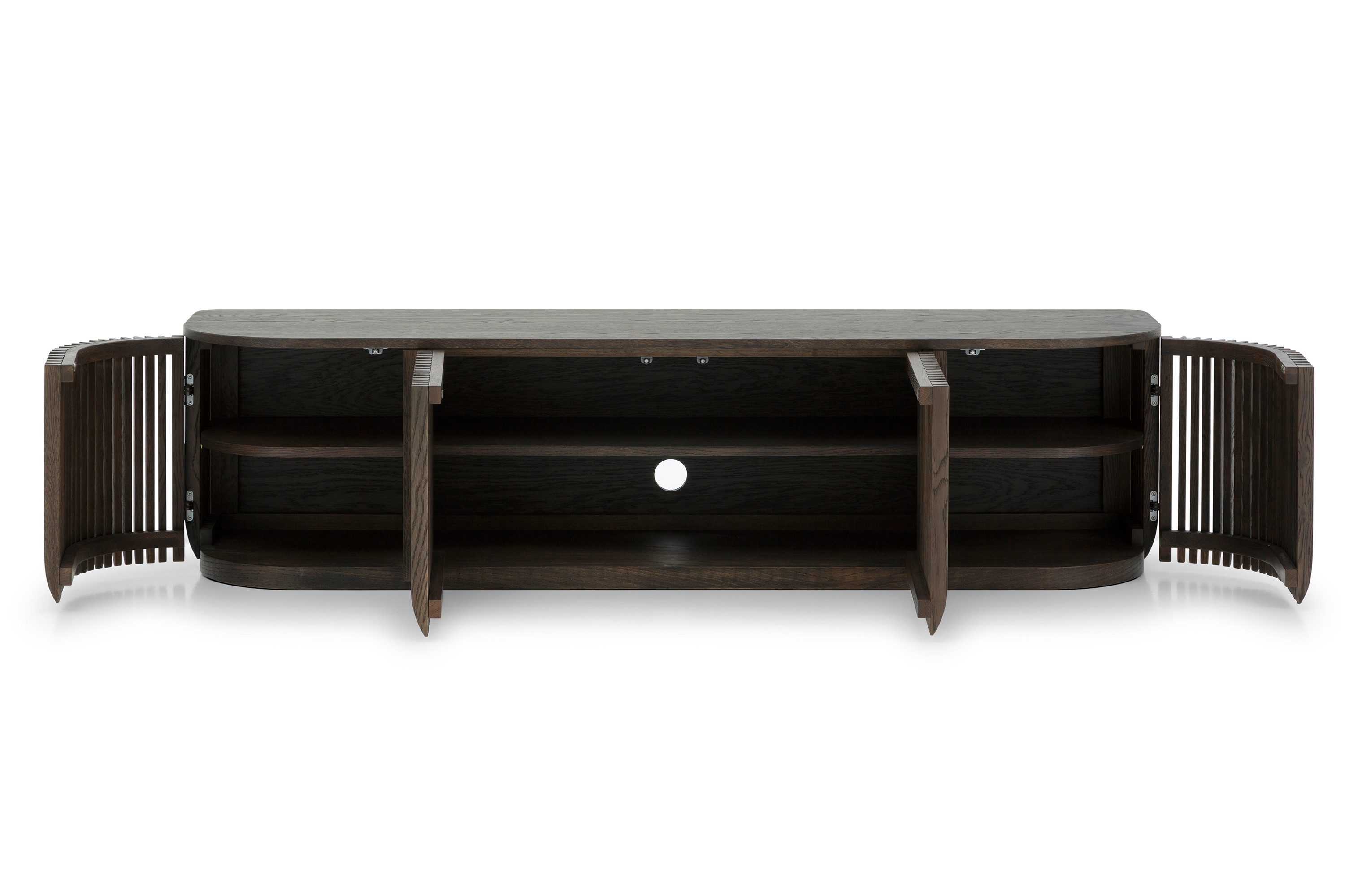 Woodek Design TV-Schrank TV-Lowboard FRANZ aus massiver Eiche und Eichenfurnier, Espresso (Espresso matt lackiert, 1-St., Lamellentüren aus Massivholz) Breite 175 cm, Höhe 45 cm, Tiefe 45 cm