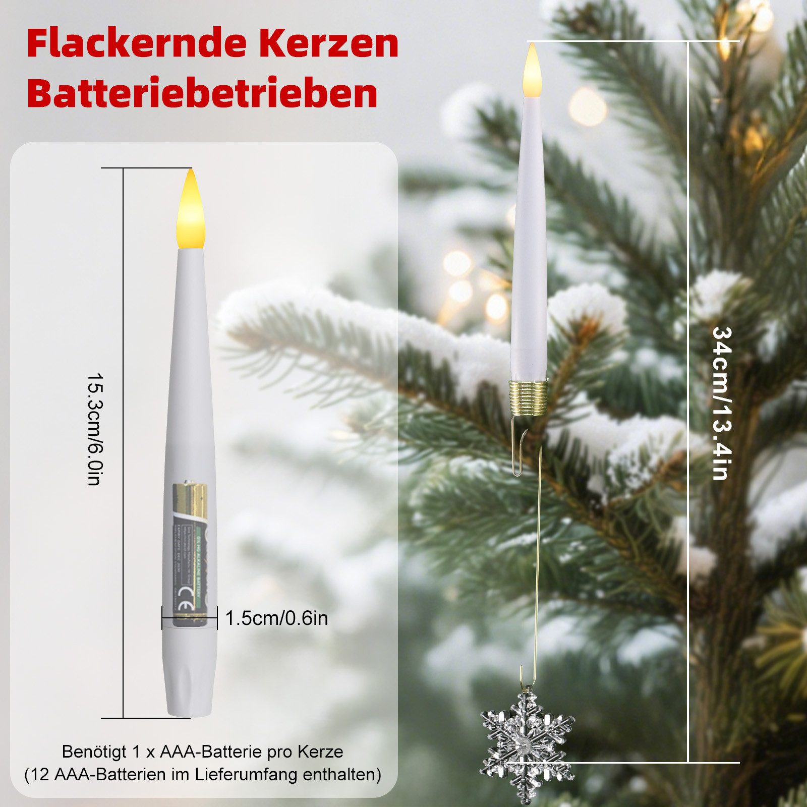 kisidus LED-Kerze LED Weinachtsbaum Kerzen mit Kunststoff-Schneeflockendekor 12pcs (mit Fernbedienung, Flammenlose Tafelkerzen mit Timerfunktion, LED Weihnachtsbaum kerzen mit 12 Batterien), Christbaumkerzen für Weihnachten, Heimdekoration