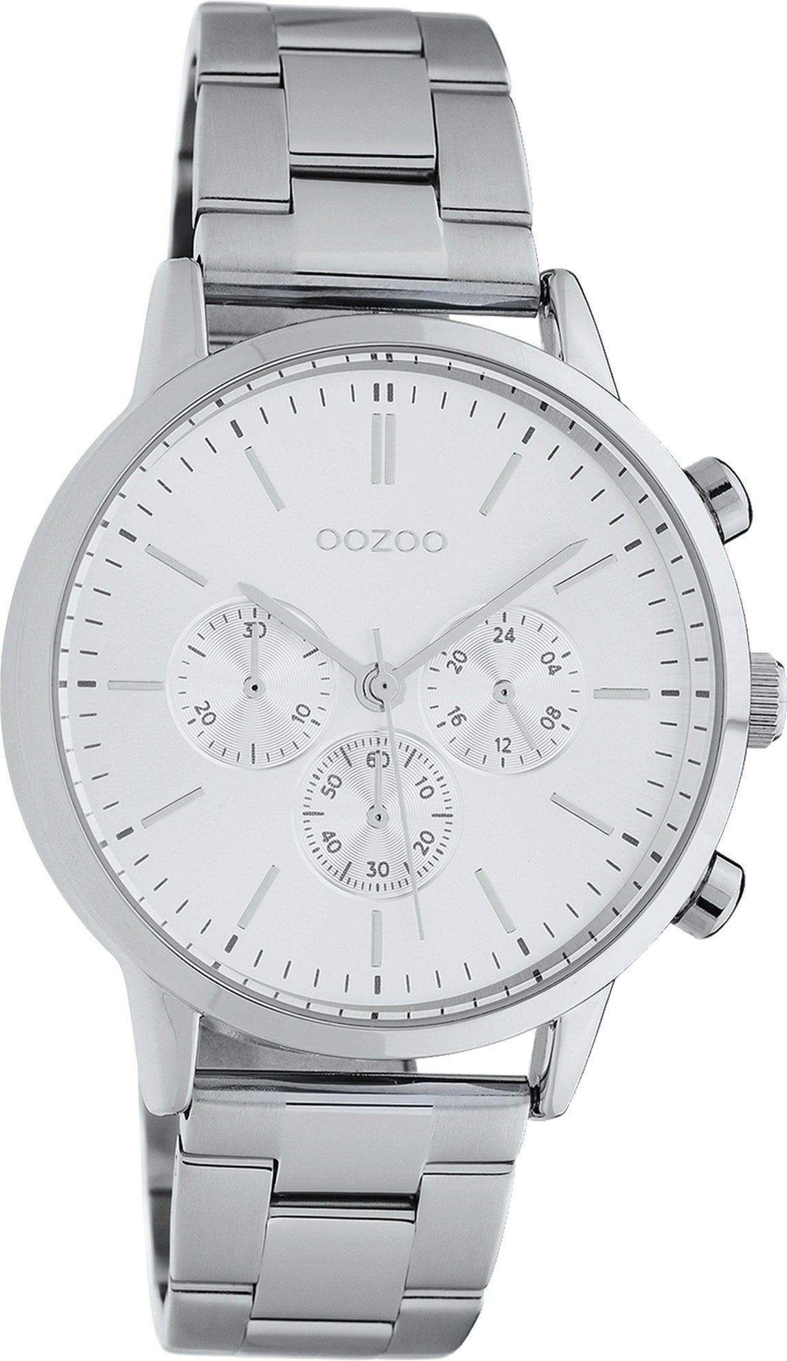 Oozoo OOZOO Chrono Look Analog, Quarzuhr Fashion-Style, Damen Damenuhr (ca. Armbanduhr rund, 38mm) silber Edelstahlarmband, mittel