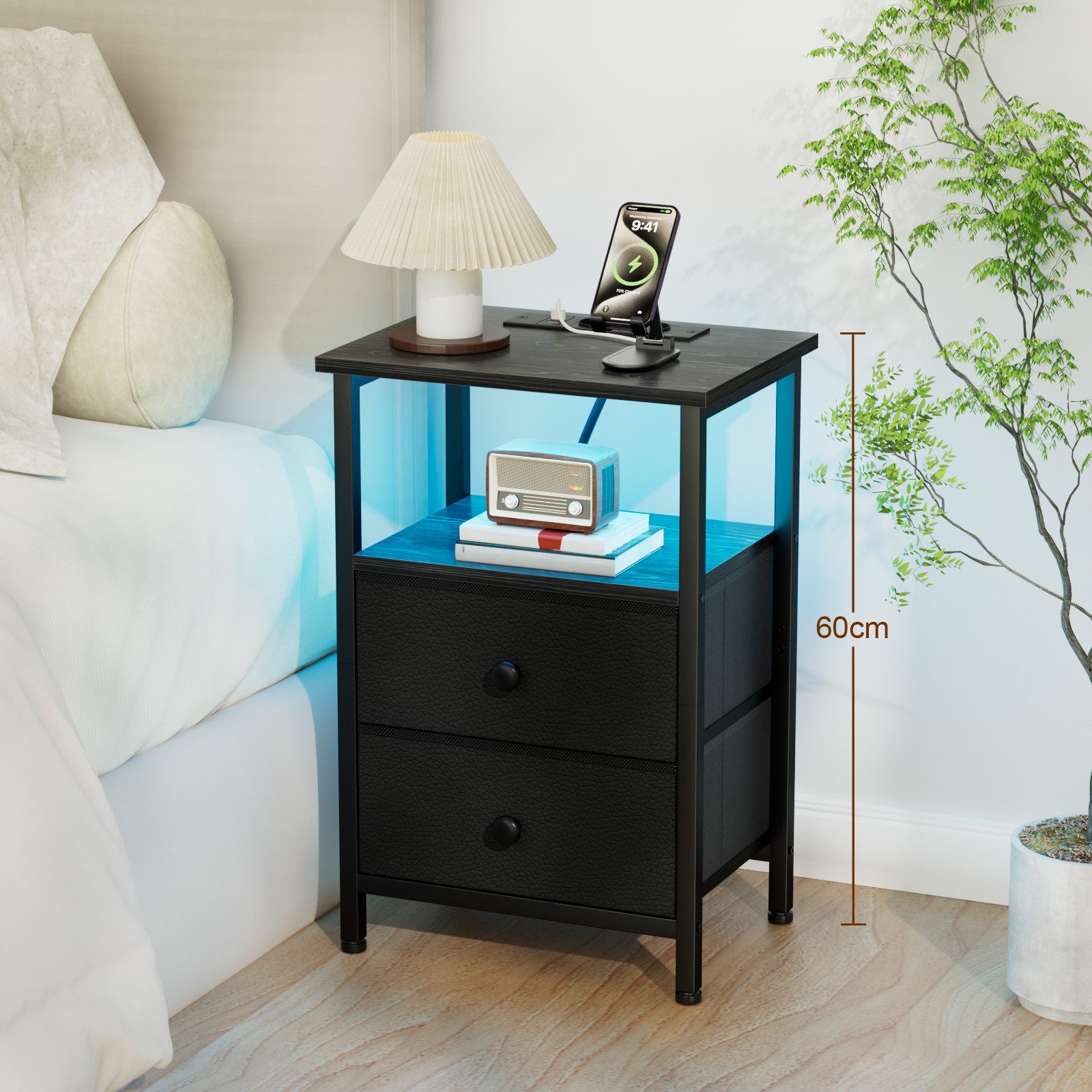 AMHANCIBLE Nachttisch 2er-Set mit integrierter Ladestation, LED-Beleuchtung & 2 Schubladen (2-St), multifunktionaler Beistelltisch mit offenem Fach, 40x30x60cm – Bild 5 von 5