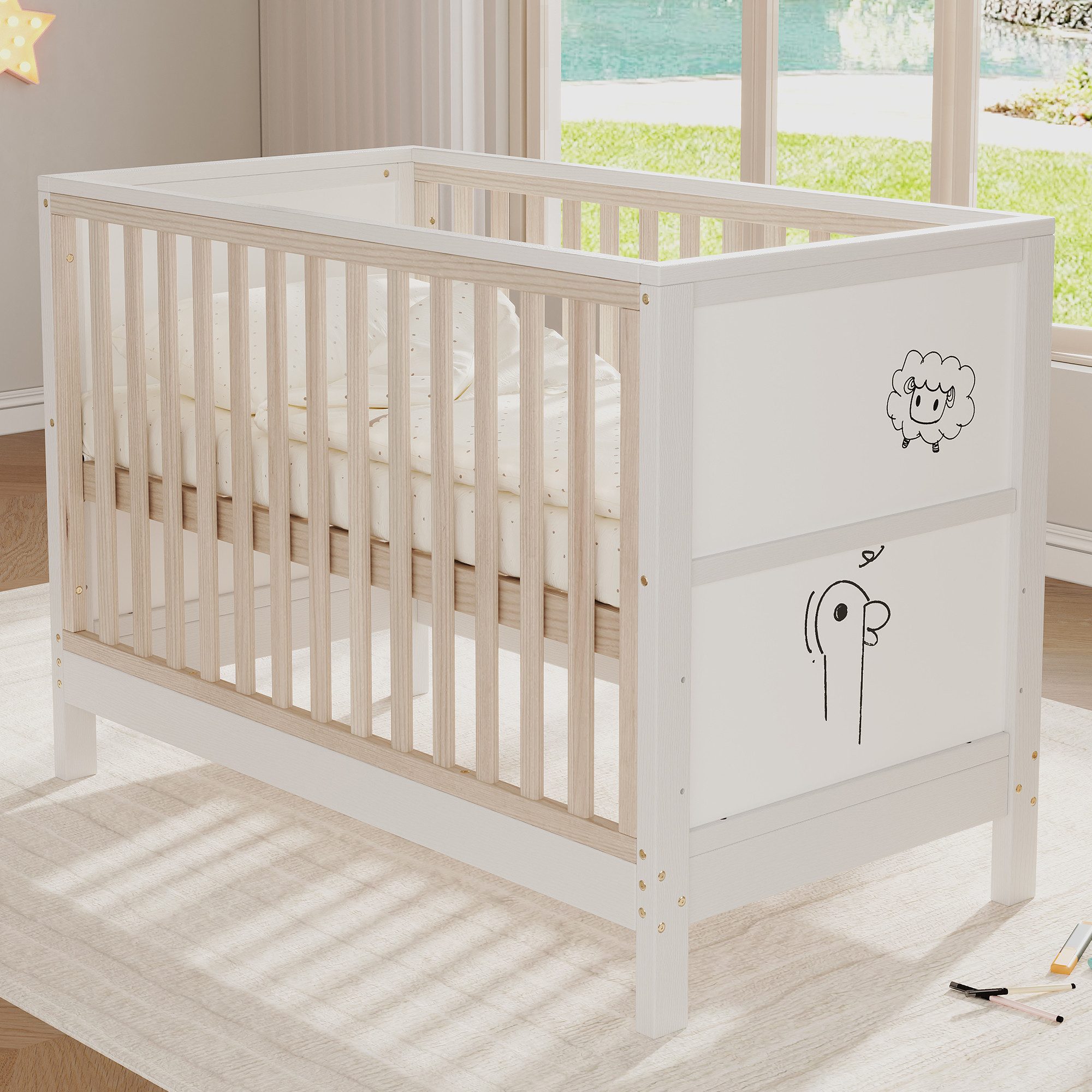 Flieks Babybett umwandelbar zum Beistellbett/Sofa, Babybett mit bemalbaren Tafeln, 3-fach höhenverstellbar, 120×60×90cm