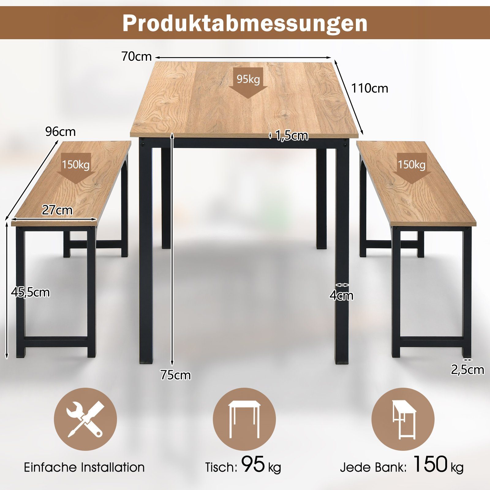 Küchentisch Bänke COSTWAY 2 4 Personen, bis (3-tlg), 150kg für Essgruppe,