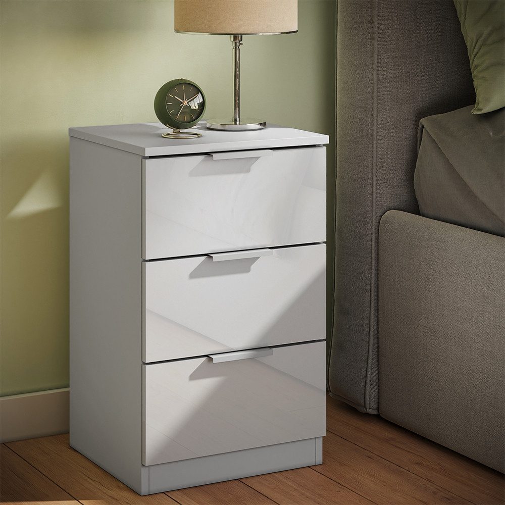 Nachtschrank Fino, Weiß Hochglanz, 37.6 x 61.8 cm mit 3 Schubladen