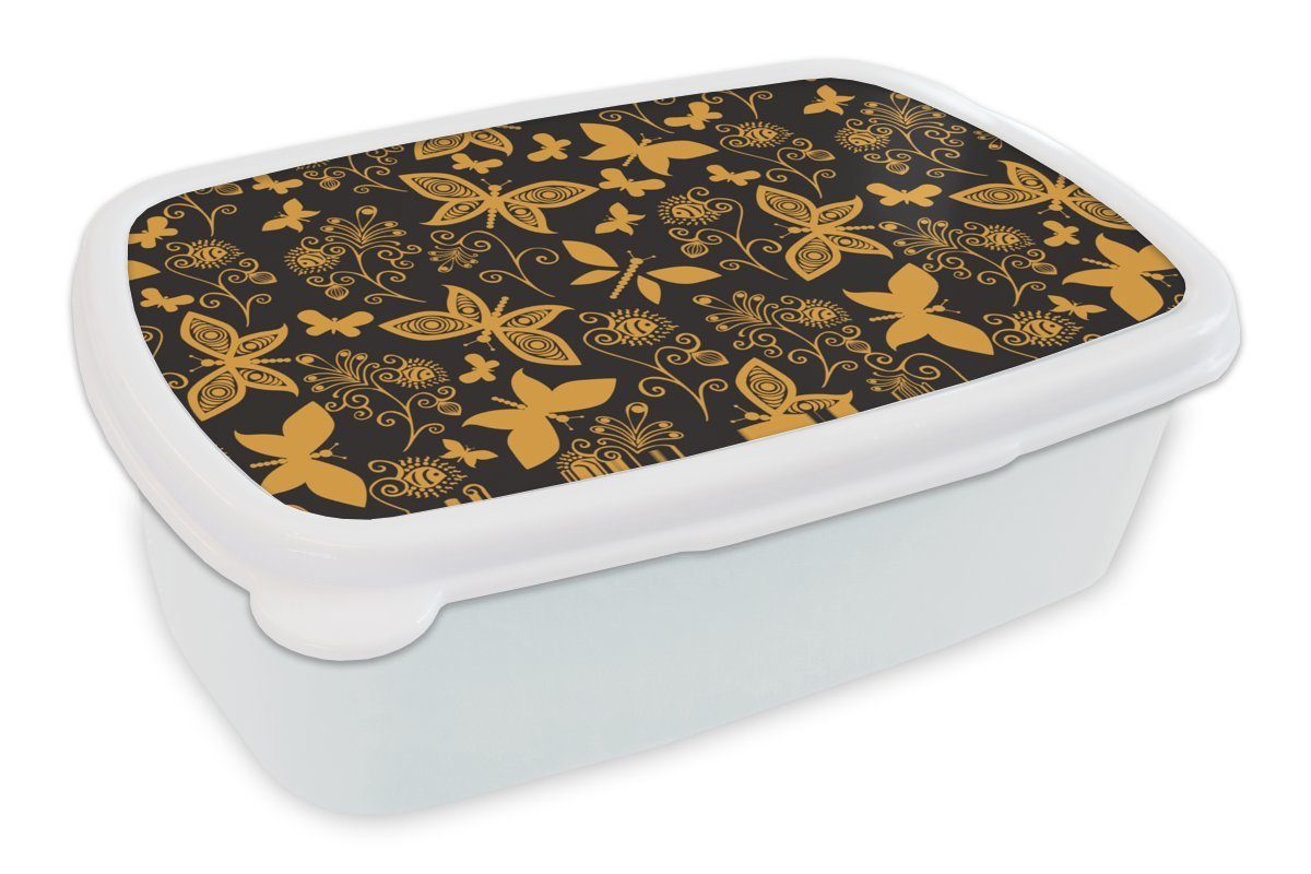 weiß - - und für Jungs MuchoWow Muster, Blumen Mädchen (2-tlg), und - Kunststoff, Brotbox für Lunchbox Kinder Gold Schmetterling Brotdose, Erwachsene,