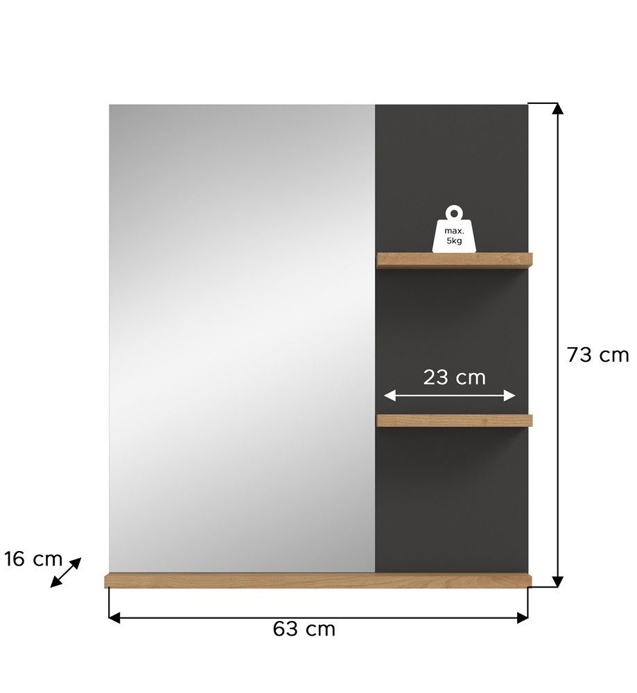 xonox.home Badezimmerspiegelschrank Badezimmer Spiegel Canu, Artisan Eiche / Basalt grau, optional Beleu (1-St) Spiegel, Melamin beschichtet, Breite 63 cm