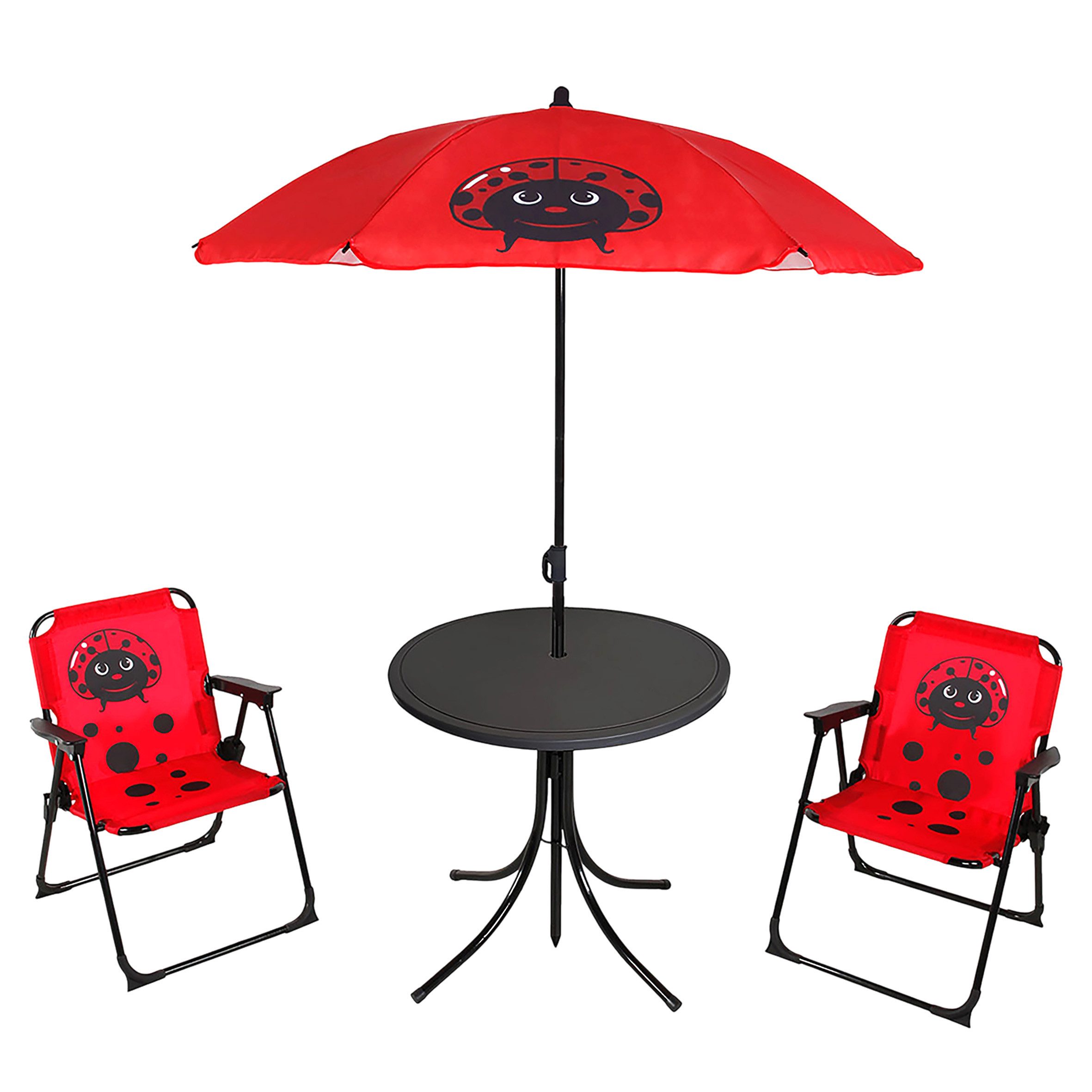 Spetebo Kindersitzgruppe Camping Sitzgruppe Marienkäfer mit Tisch und Schirm - 4 teilig, (Anzahl, 1-tlg., Stück), Стулья mit Sicherheitsverschluss